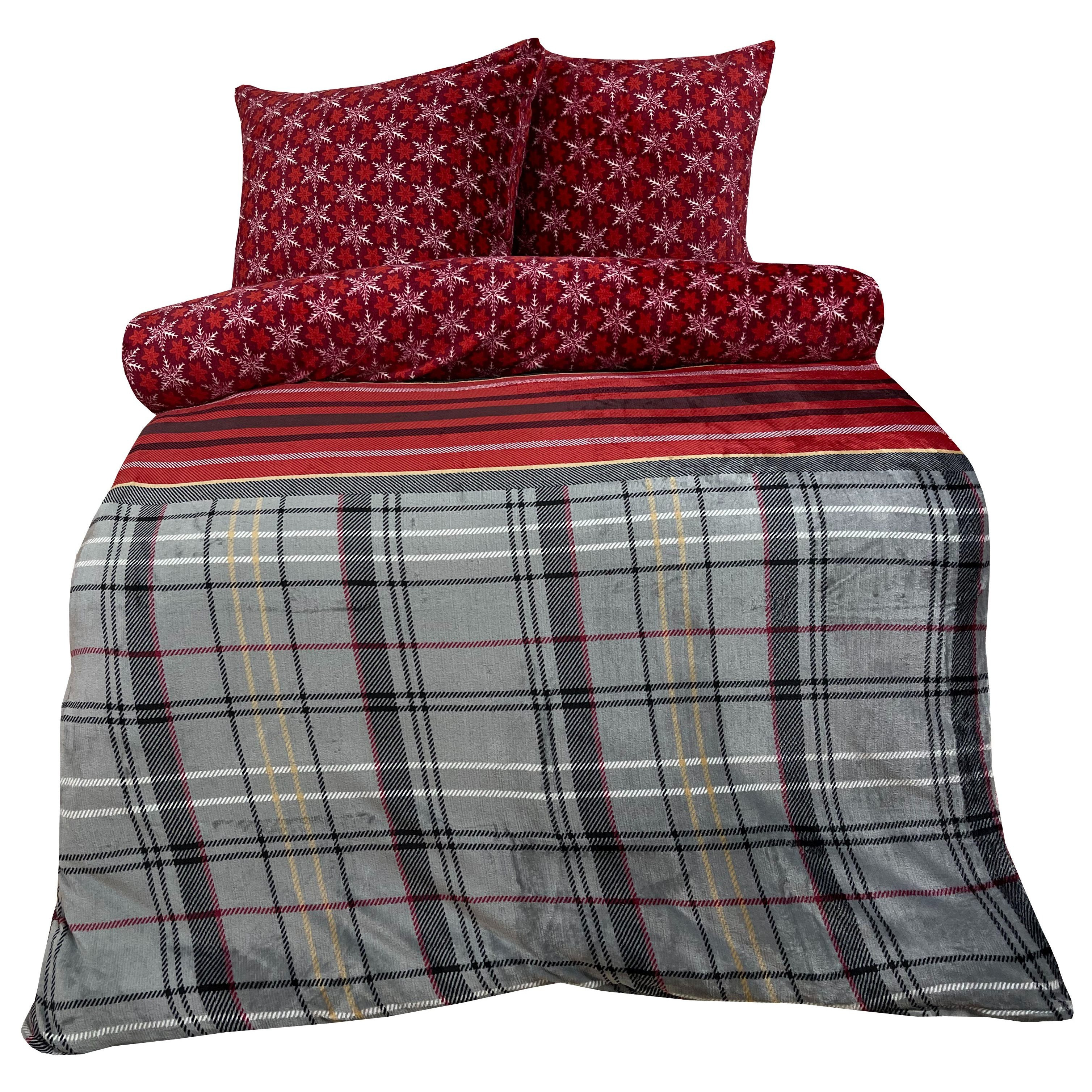 E-shop Bettwäsche Winter Teddyplüsch Cashmere Touch flauschig kuschelig weich Streifen Karo Schneeflocken rot grau schwarz mit Reißverschluss Plüsch