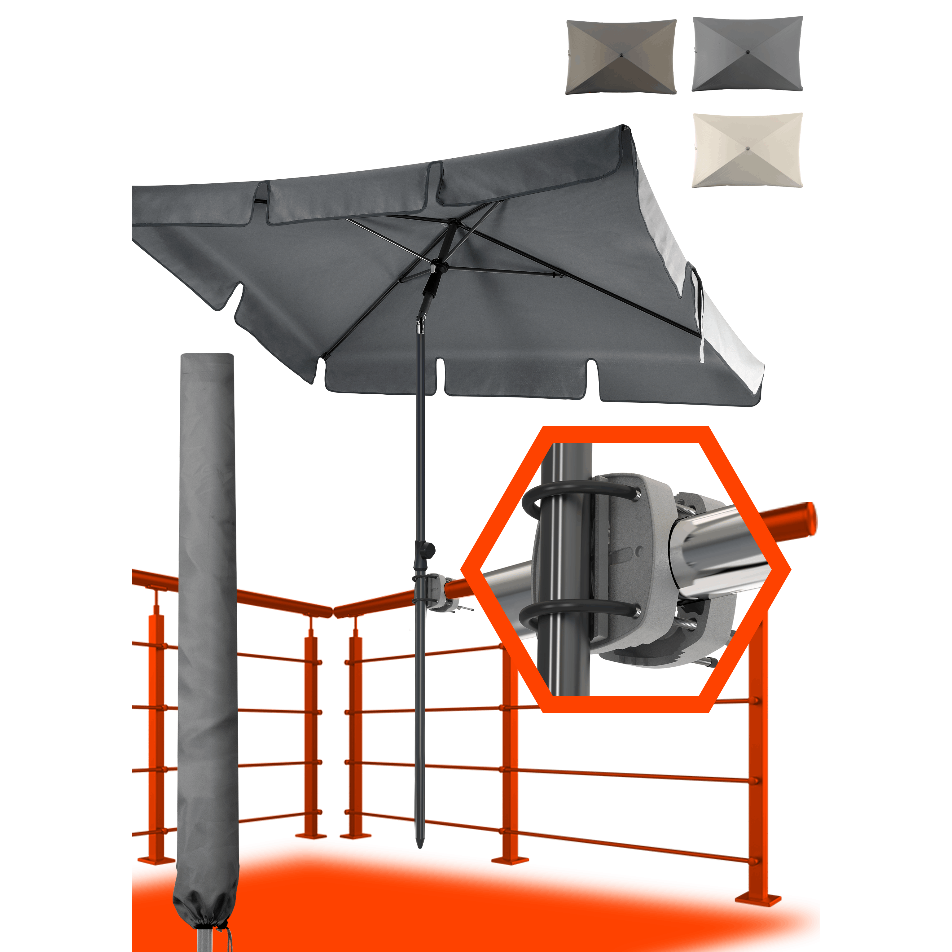 TEMU Rectangular Balcony Parasol In – Practical 3-in-1 Set Including 200 X 125 Cm Rectangular Parasol With Upf 50+ Sun Protection, Sturdy Balcony