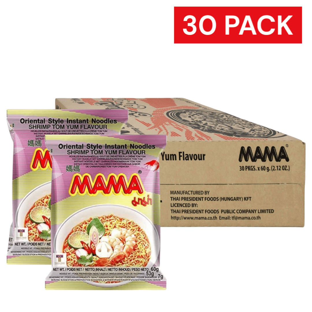 30 Packs Mama Tom Yum Shrimp Flavor Instant Noodles 60g - Spicy Soup, Quick Meal, Stock Pack, Asian Noodles, Office Snacks, Snack For On-the-go