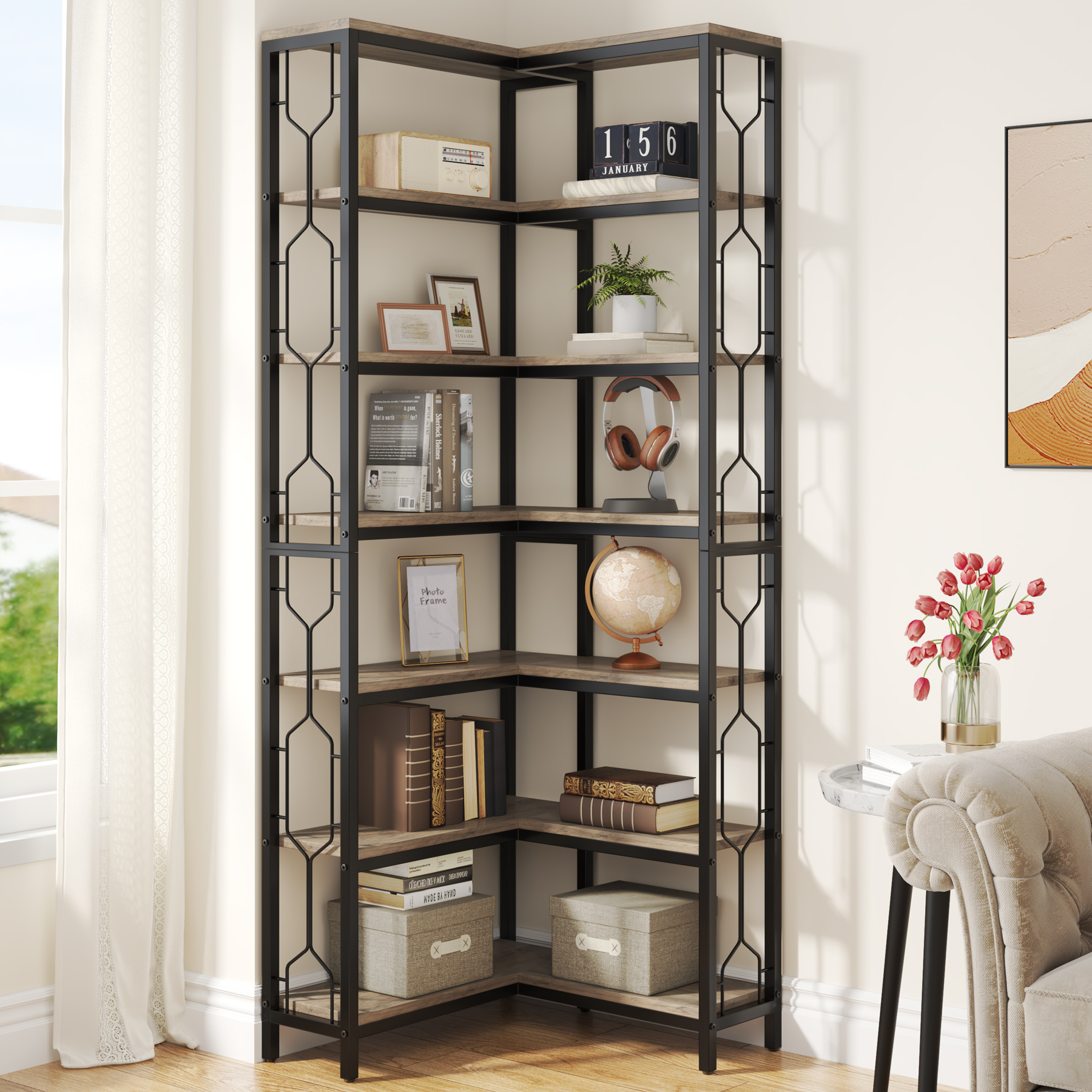 7-story Industrial Corner Bookshelf, Independent Living Room Storage Rack, Kitchen Storage Rack, Open Display Rack In , Multifunctional And Practical Home Storage Rack.