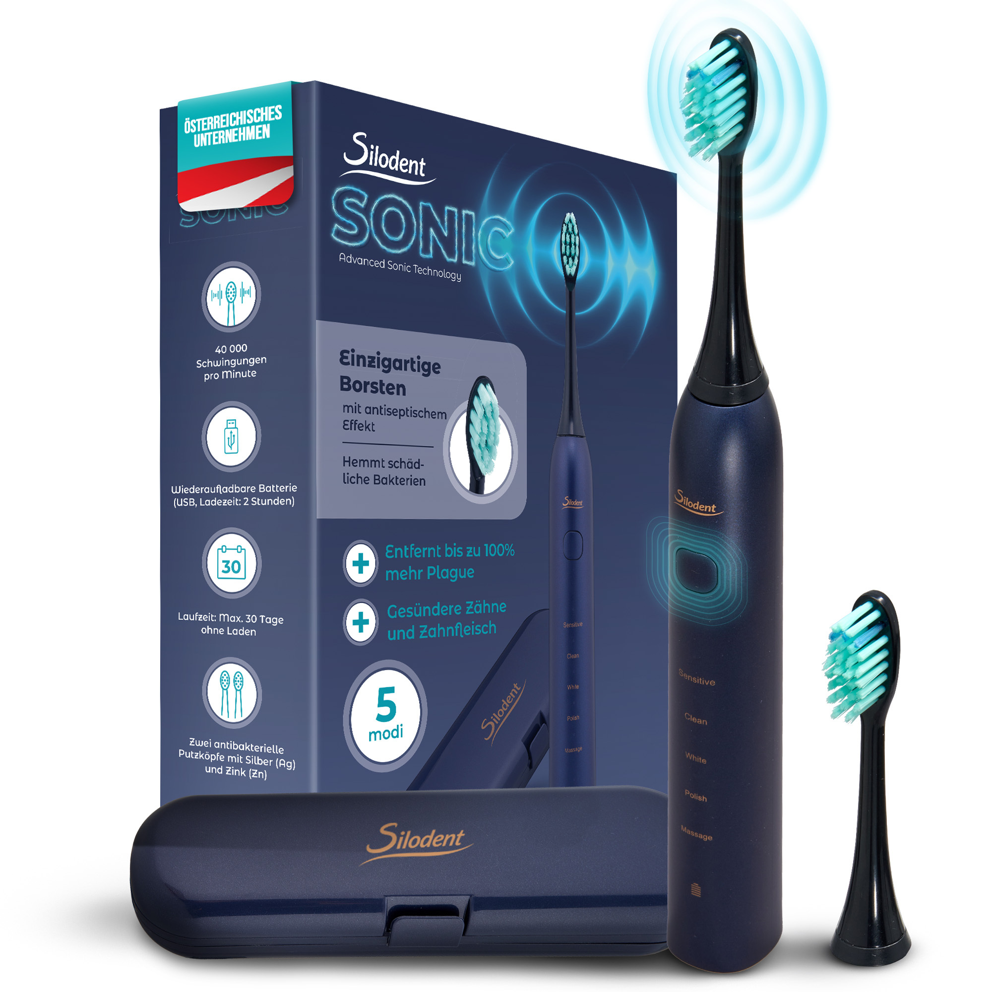 Silodent Toothbrush Blue - Test Winner - Only Electric Toothbrush With Antiseptic Bristles - Premium Toothbrush, 5 Programs And Travel Case - Top Quality At A Reasonable