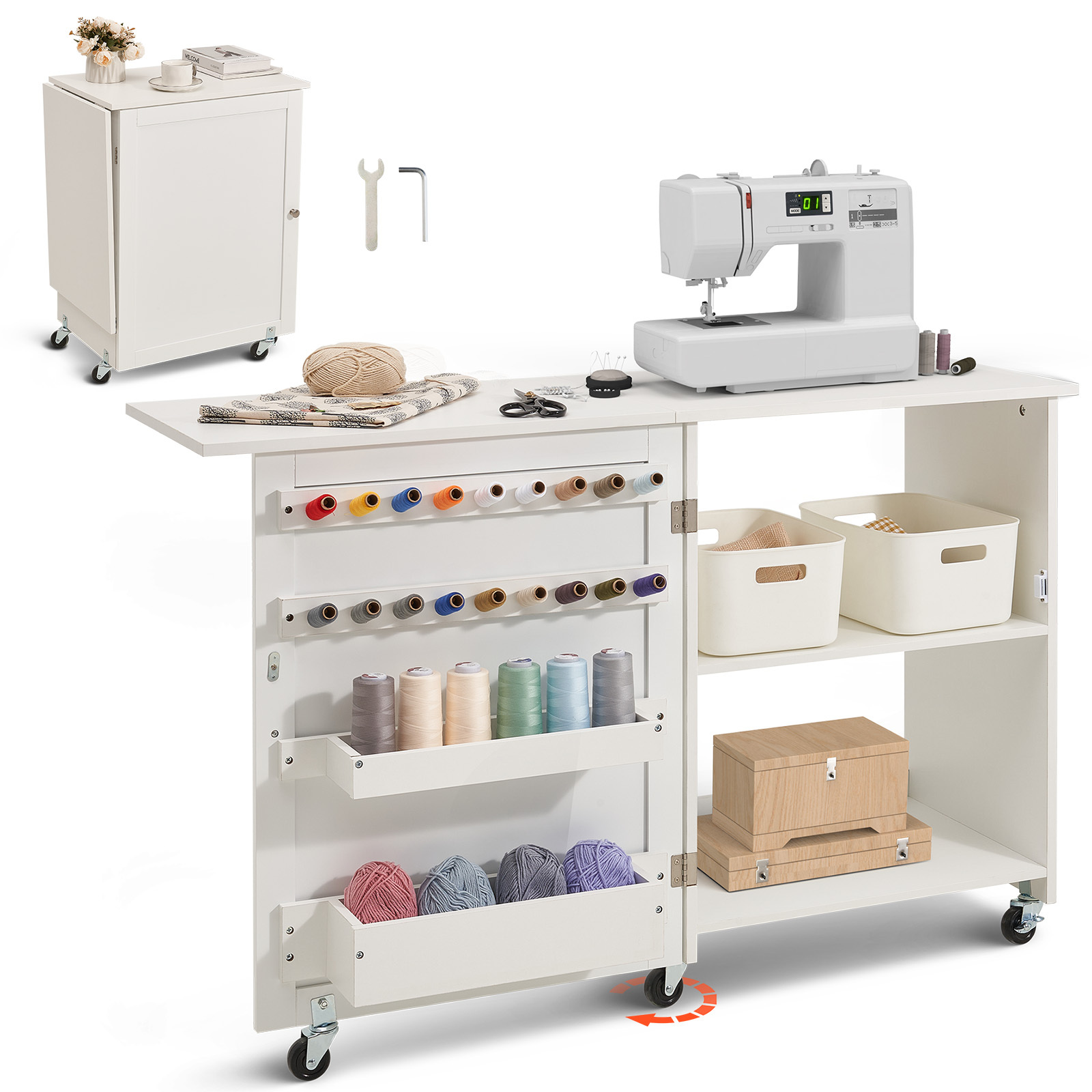   folding sewing table with lockable wheels storage shelves trays door white