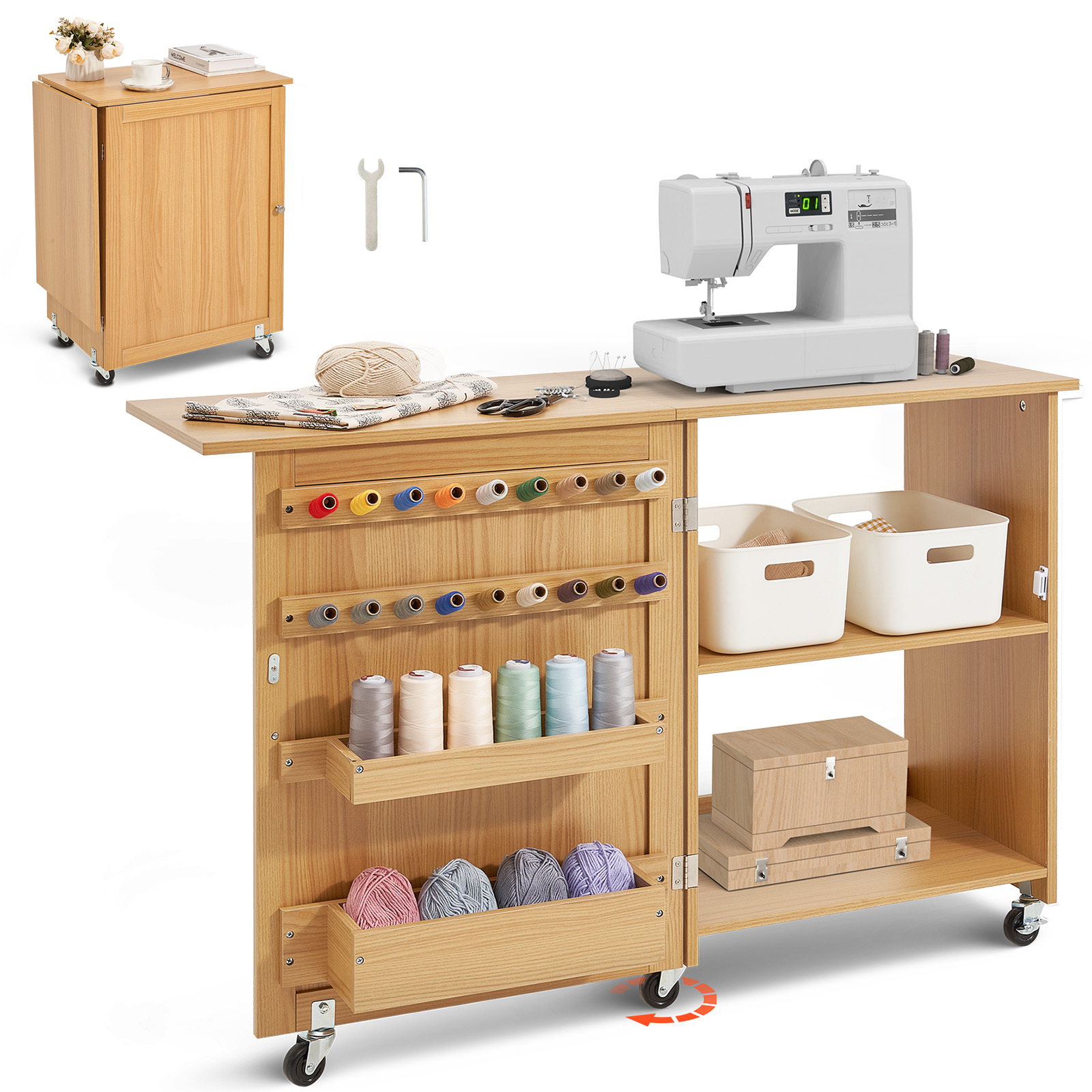   folding sewing table with lockable wheels shelves trays   color