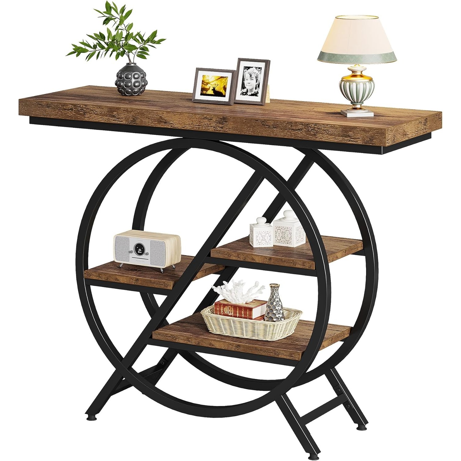 40 Inch Industrial Console Table – 4-Tier Entryway Table with Storage Shelves and Geometric Metal Frame for Hallway or Living Room