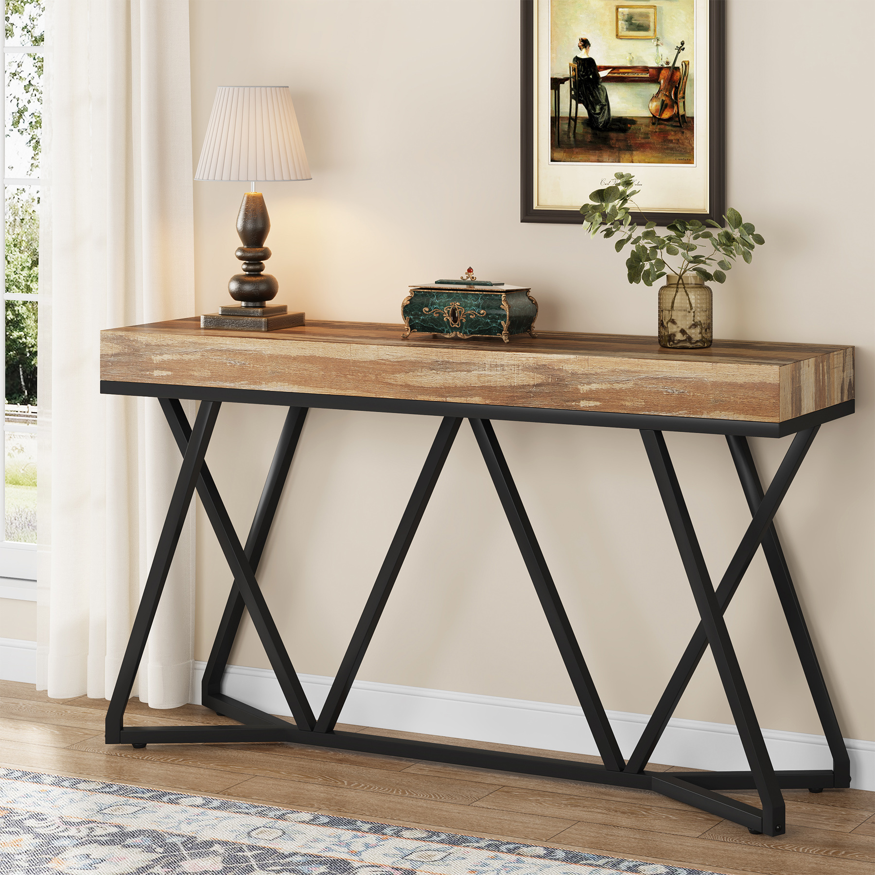 TEMU Intrattenement Tafel 140 cm, Koffietafel in de Woonkamer van de Boerderijstijl, Entree Tafel met Unieke Metalen Basis, Kleine Tentoonstellings