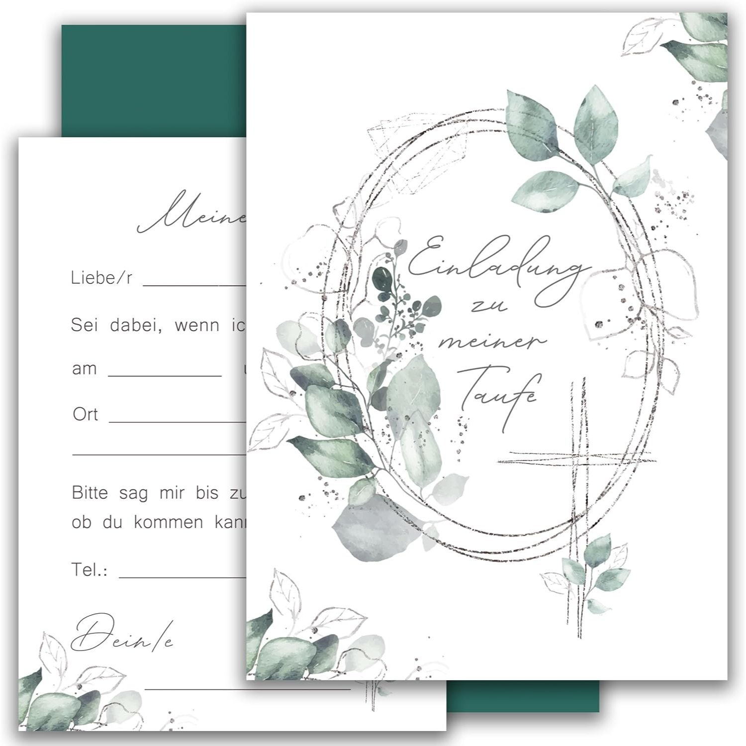 E-shop 10 Einladungskarten mit Umschlag Einladung 2 seitig Karten stilvoll kreuz Aquarell zart zur Taufe Blätter grün Silber zum selbst ausfüllen