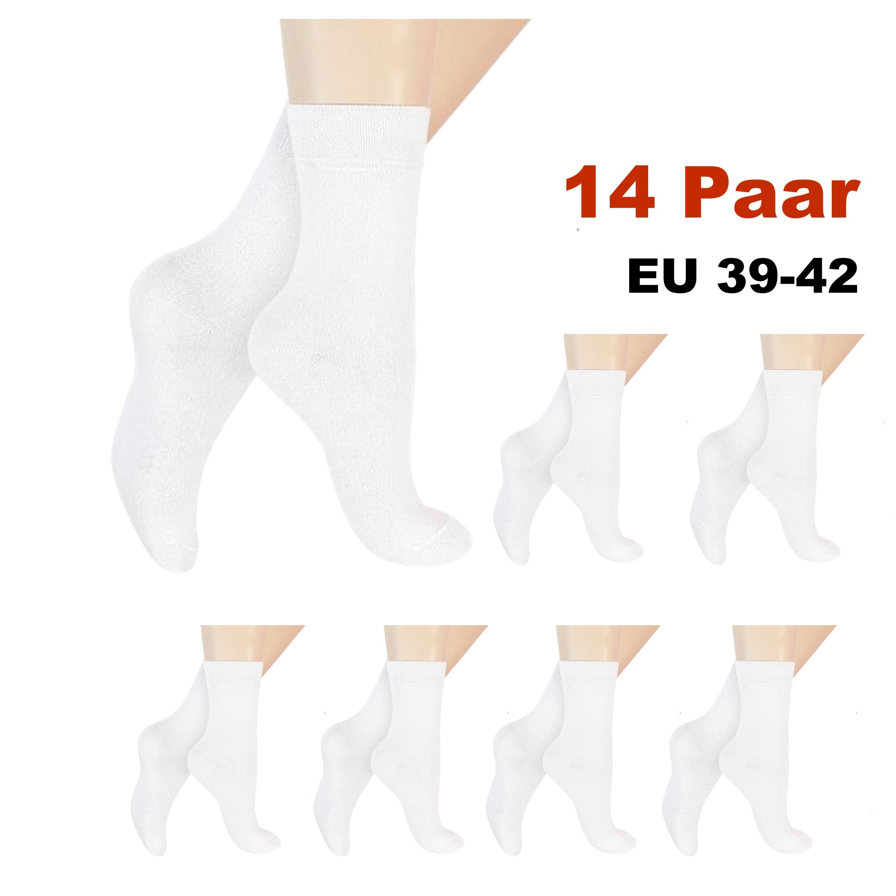 E-shop 14 Paar Damen Socken, Krankenschwestersocke, Arztsocke, Freizeitsocken, Sportsocken, Tennissocken, Socks EU 39-42, Weiss, Weich und Bequem, uni,