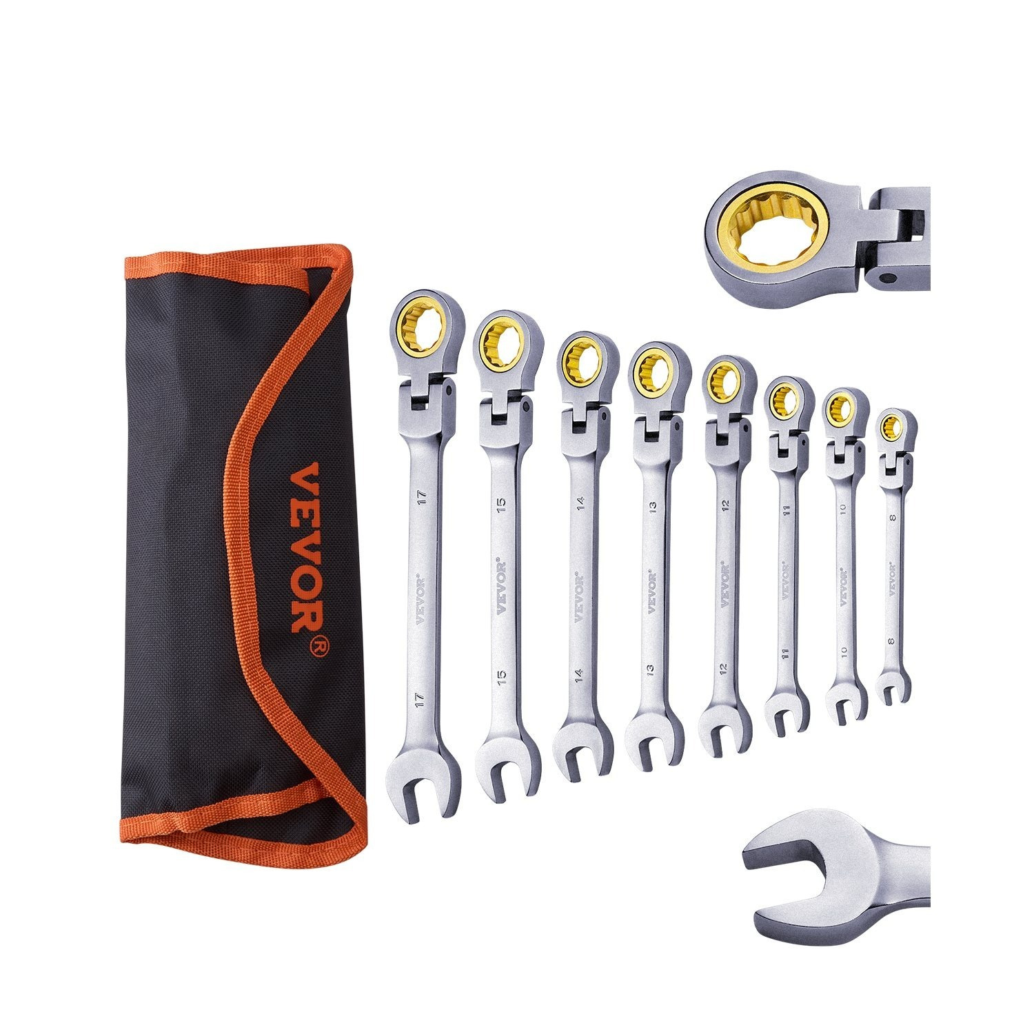 Vevor Flex-head Ratcheting Wrench Set 8pcs Metric 8 Mm With Roll-up Pouch