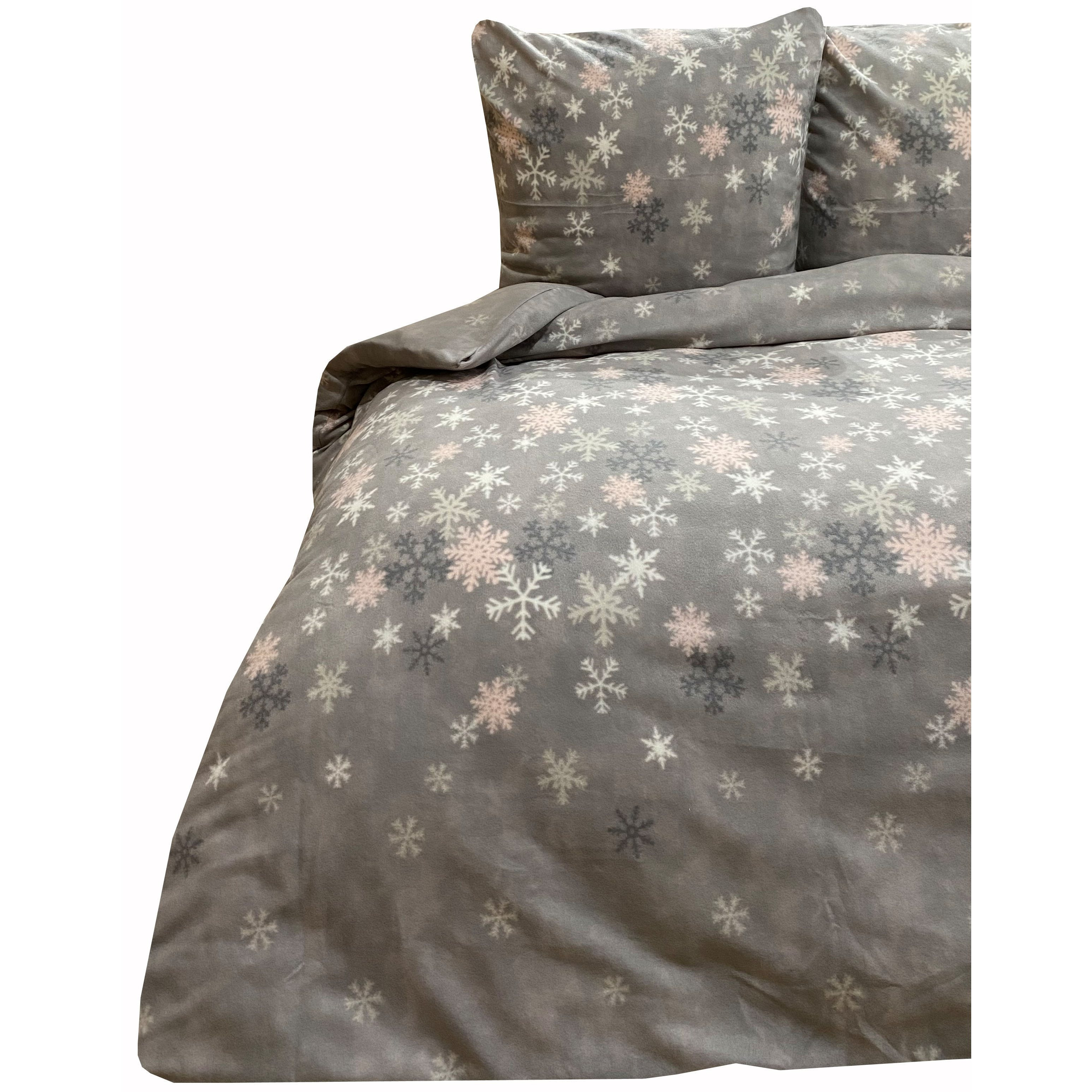E-shop Bettwäsche Fleece Winter Schneeflocken Grau Rosa Weiß in vielen Größen kuschelig weich Reißverschluss warm Bezug Kissen 80x80 cm