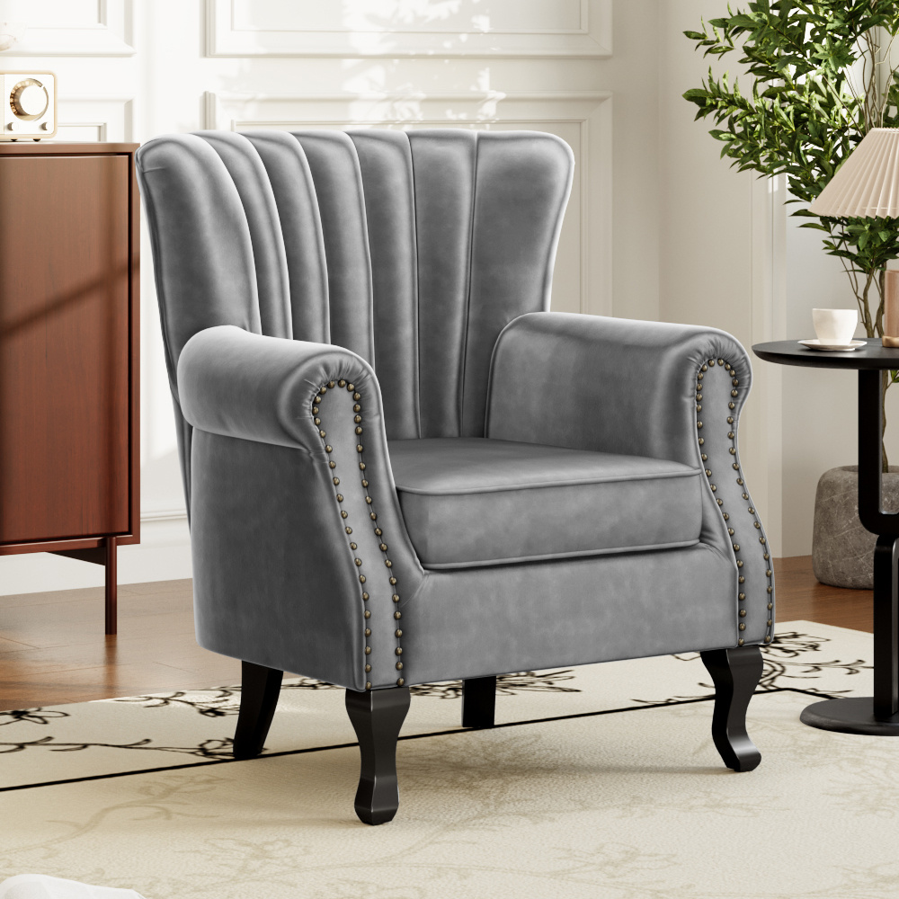 TEMU 1pc, Wing Back Armchair With Studs Design, Deep Quilted Wingback Single Sofa Chair, Velvet Upholstered Fireside Lounge Accent Chair For Living