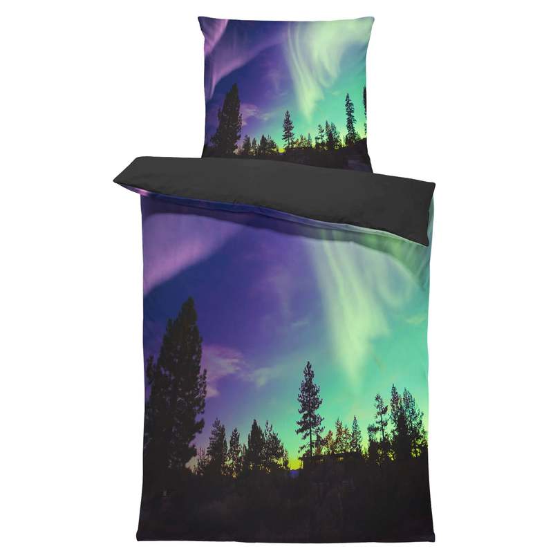 E-shop Bettwäsche 135x200 cm Polarlichter Nordlichter grün schwarz Wende weiche Kissenbezug 80x80 cm