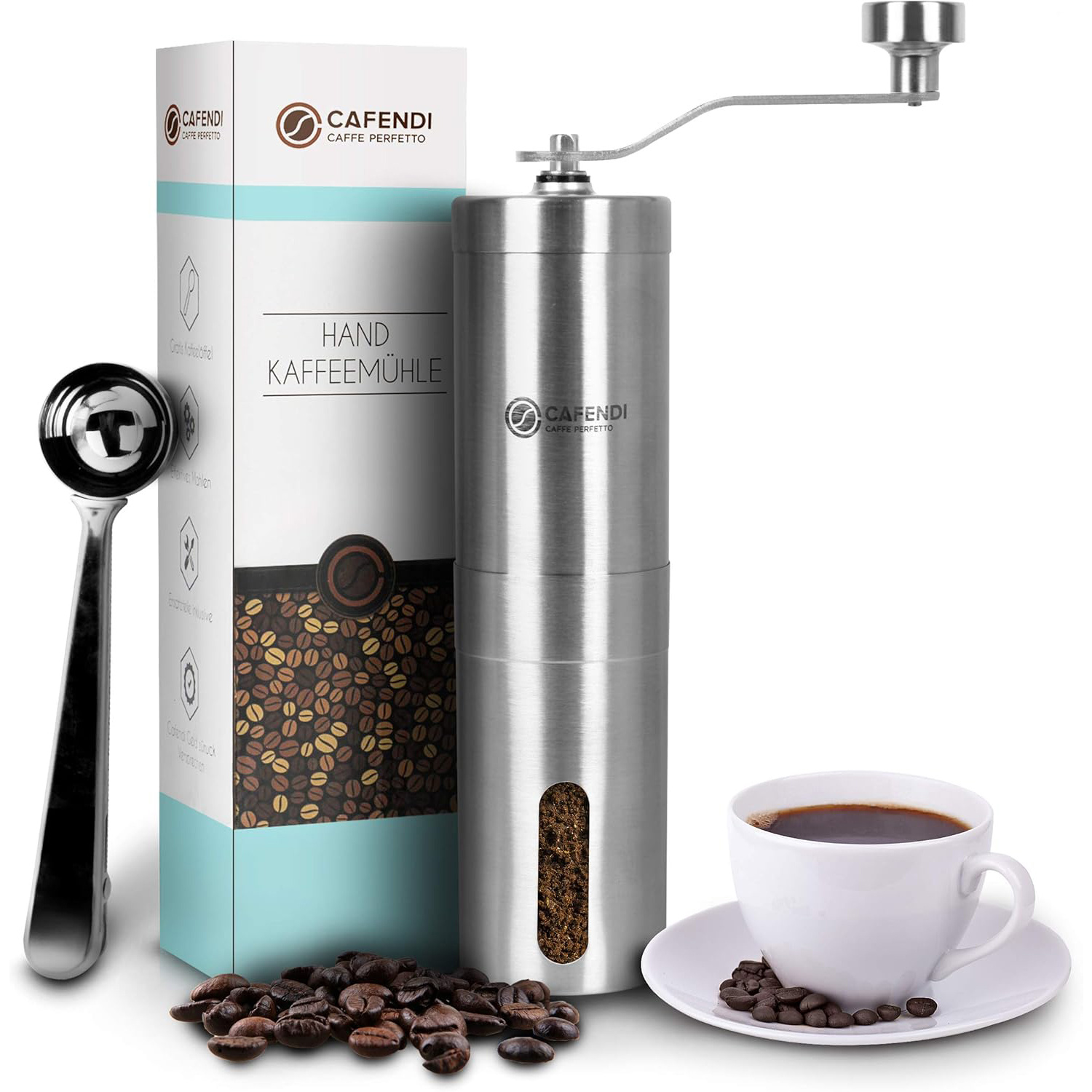 TEMU ® Grinder, Coffee Grinder, Coffee Grinder Set With Matching Spoon, Complete Grinder Set – Premium Grinder With Continuously Adjustable Ceramic