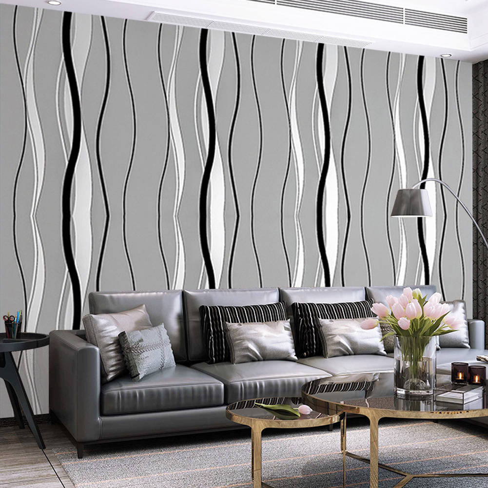 TEMU Grey Wallpaper Textured 3d Flocking Embossed Wallpapers Non-woven Wave Stripes Wall Paper Roll For Living Room Bedroom 53cm X 950cm