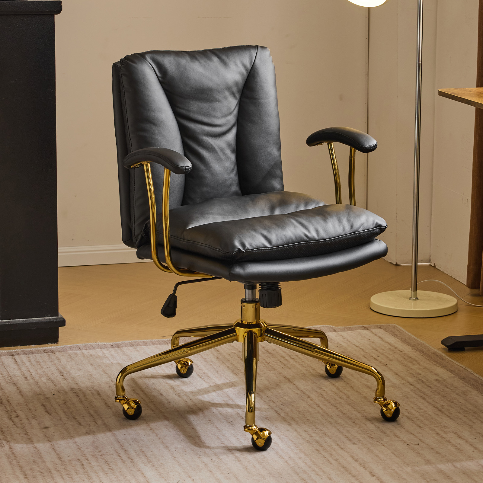 Image of Bonnlo Ergonomic Office Chair, Desk Chair With Golden Armrests, Executive Chair, Swivel Chair With Wheels, Height-adjustable & Tilt Function, Home Office, Pu Leather//scratch-resistant Leather