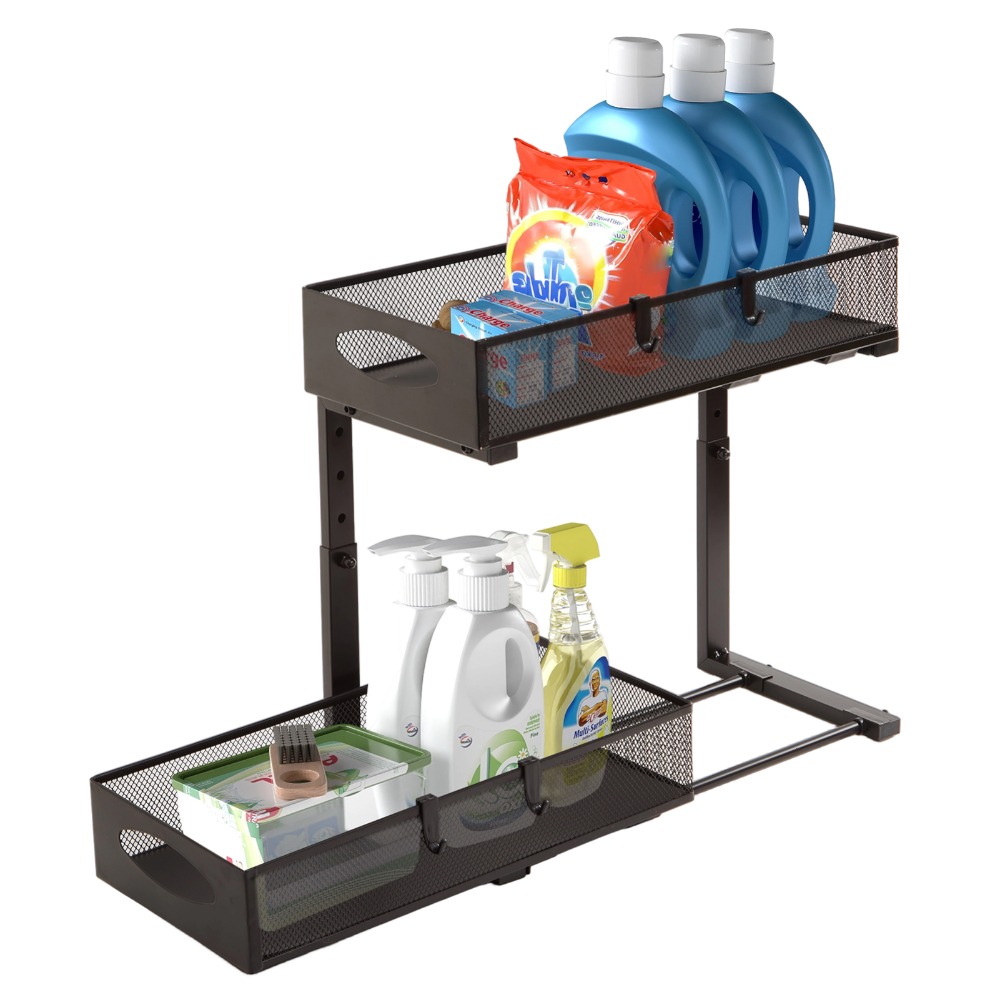 Under Sink Shelf Adjustable Height 2-tier Kitchen Organizer With Pull-out Drawers & Hooks Cabinet Organizer For Kitchen Bathroom Spice Rack (black)