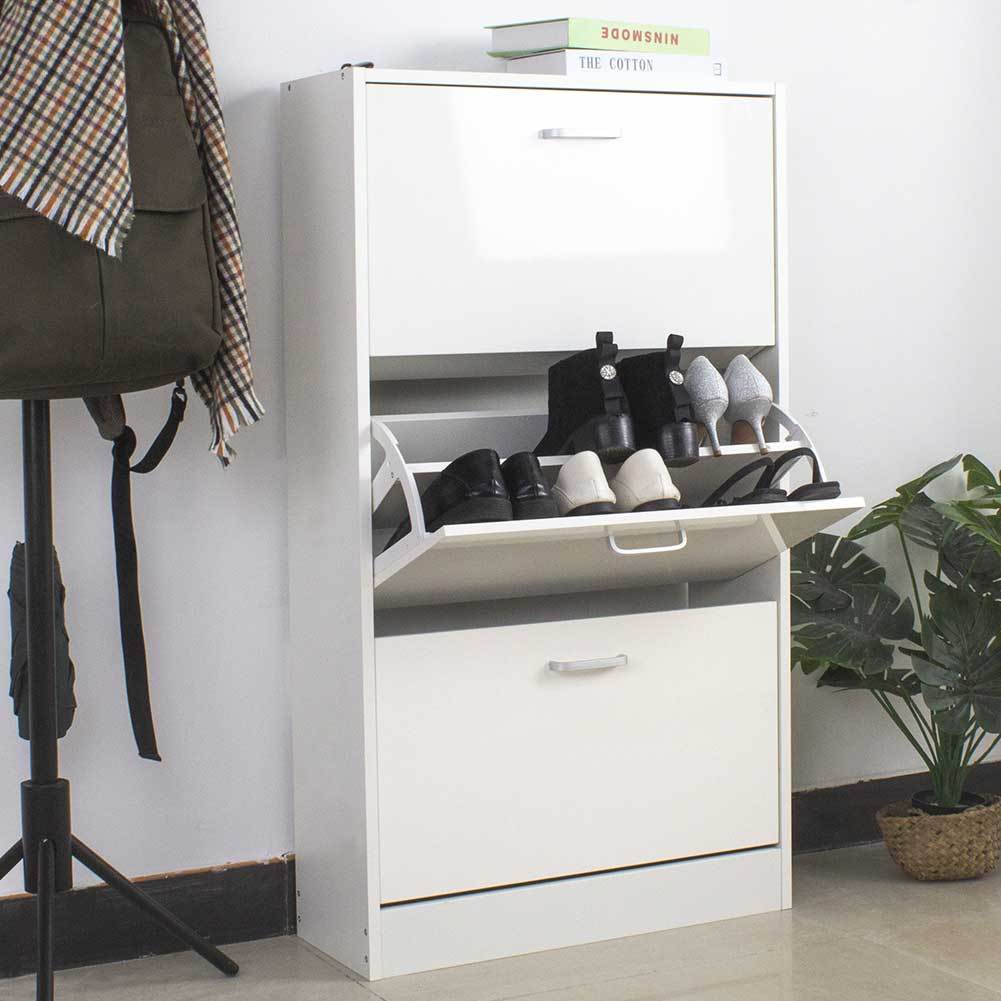 TEMU BAKAJI Zapatero Delgado Ahorrador de Puertas Lacadas Blancas Brillantes, Diseño Abatible, Profundidad, Madera MDF, 59 x 22 x 105 cm