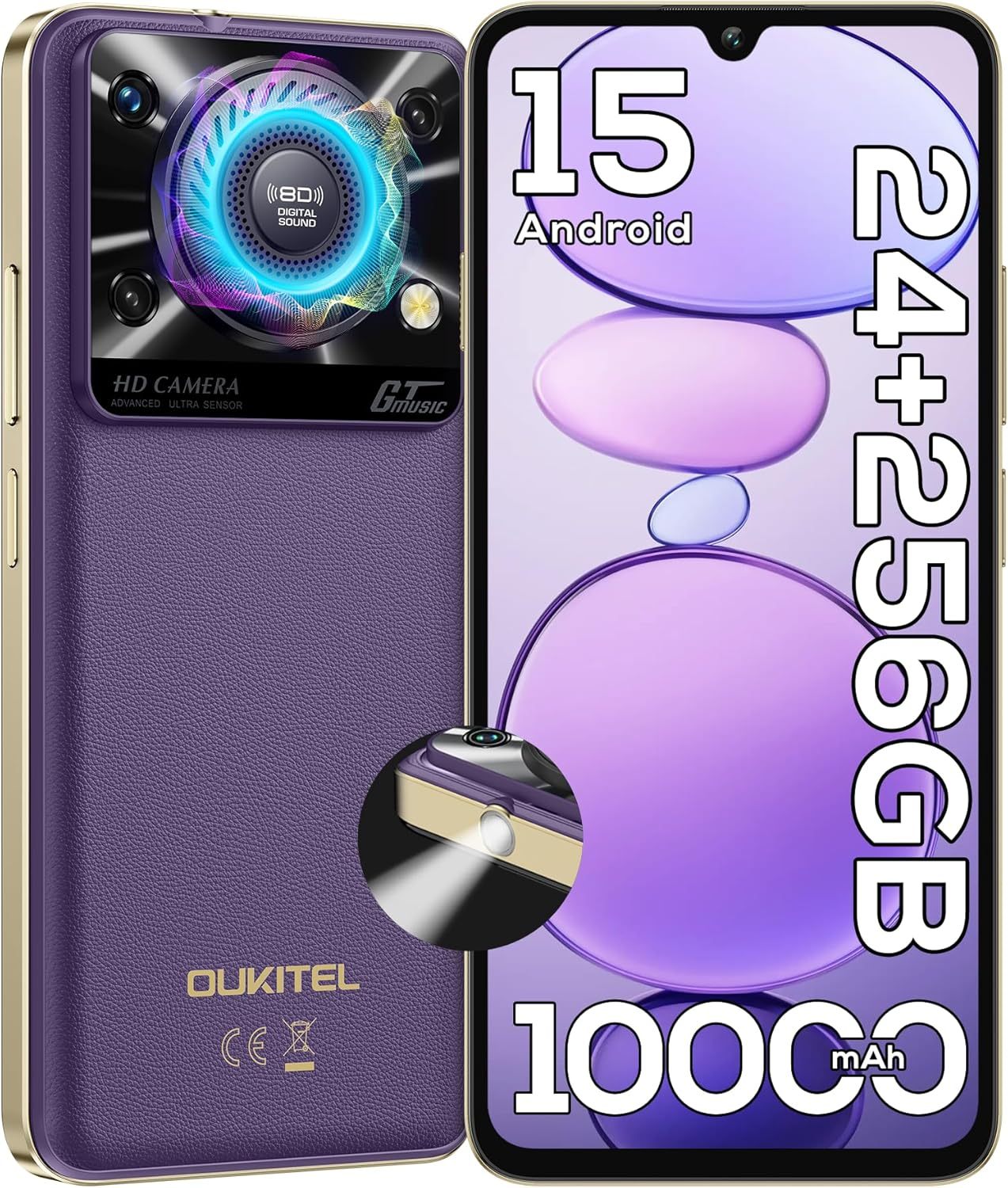 OUKITEL C60 PRO Android 15 Mobile Phones (307g)-10000mAh Battery, 24GB+256GB/1TB, 6.88