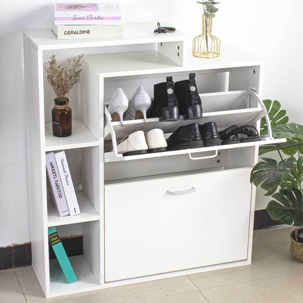 TEMU BAKAJI Scarpiera Portascarpe Salvaspazio Slim con Scaffale 4 Ripiani in Legno MDF 2 Ante a E Profondita' Dimensioni 80 x 24 x 90,5 cm Design