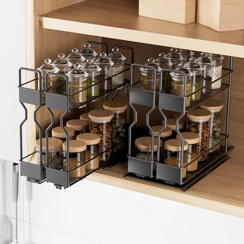 TEMU Black 2-tier Sliding Spice Rack Organizer - Pull-out Cabinet Shelf For Cupboard, Freestanding Metal Seasoning Storage
