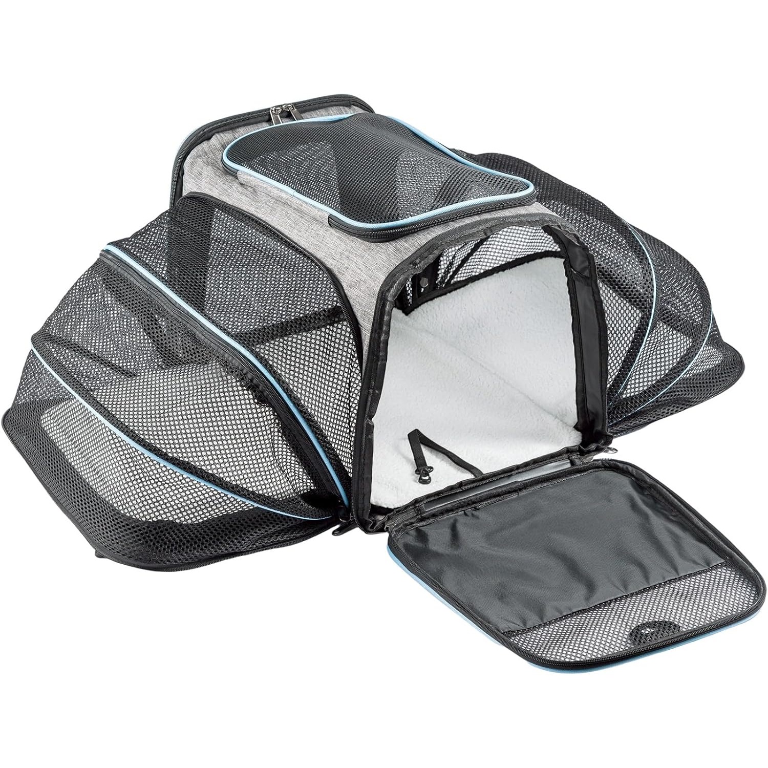 TEMU Foldable With Expandable Space – Soft Cat & Small Dog Travel Bag With Fleece Bed And Adjustable Shoulder Strap (grey & Blue)
