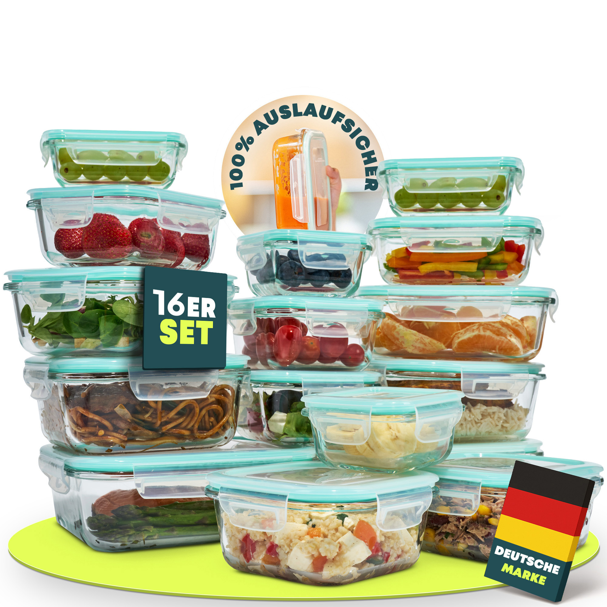 E-shop Glas-Aufbewahrungsbehälter 32-teiliges Set mit auslaufsicheren Deckeln - Frischhaltedosen aus Glas ideal für Meal Prep, Mikrowelle, Ofen &