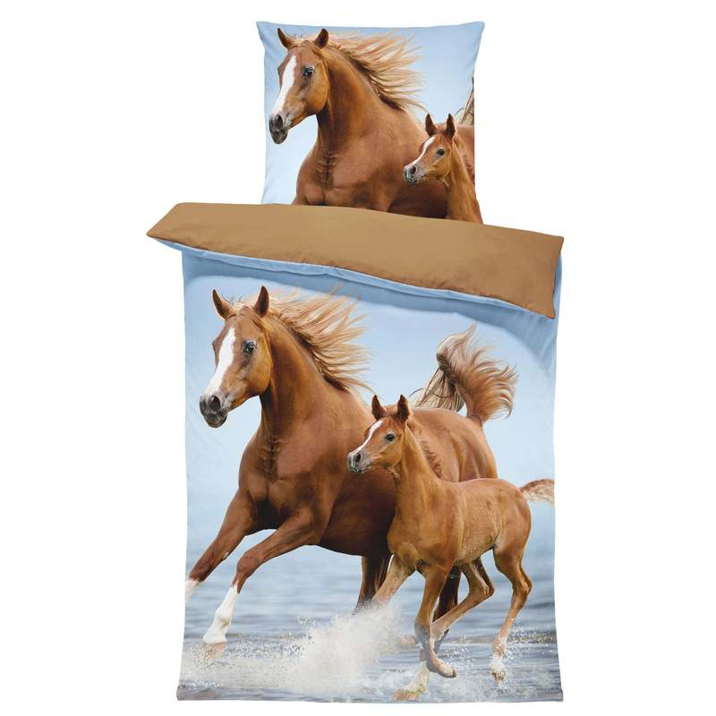 E-shop Pferde Kinder Bettwäsche 135x200 cm Pferd im Wasser blau braun weiche Kissenbezug 80x80 cm