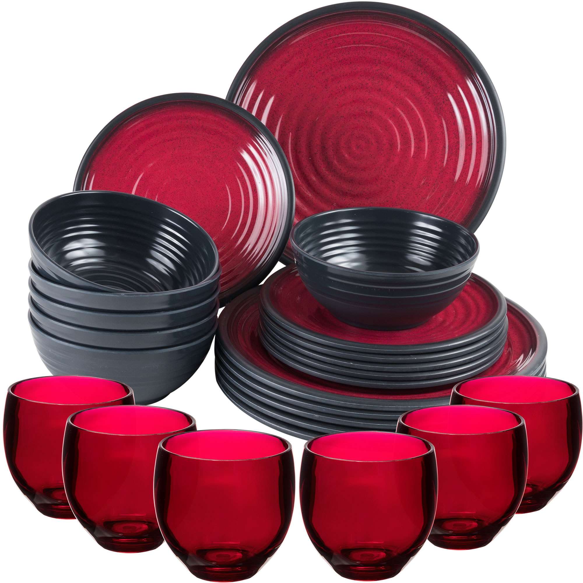 Image of Camping Dishware For 6 People, 24pcs With Camping Glass, Drinking Glass, Red, Black, Tone Optic - Acrylic Dinnerware, Water Glass - Ideal Camping Picnic Dishware For Modern Outdoor Camping.