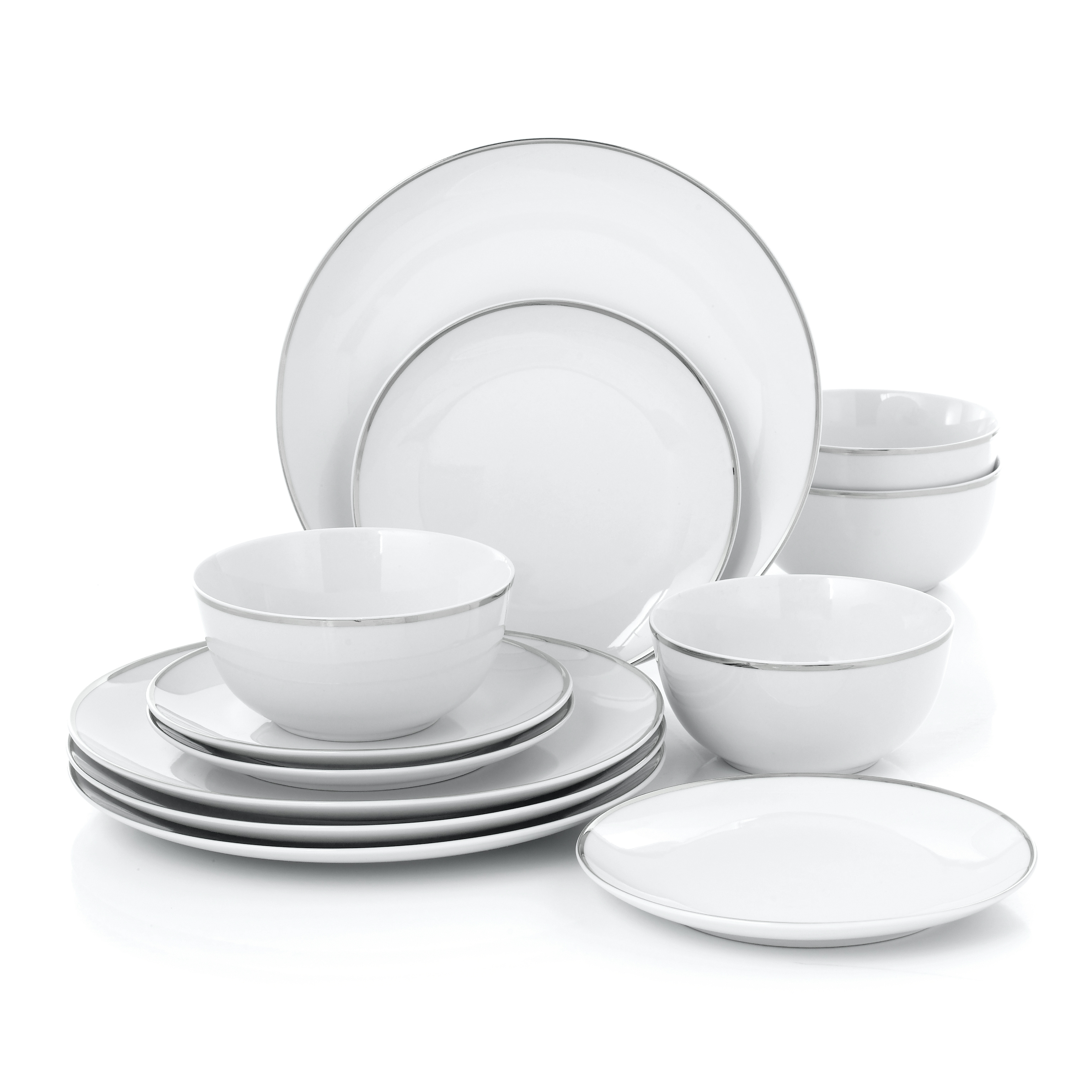 TEMU **** - 12pc Platinum Rim Porcelain Waterside Dinner Set; 4 X 26.7cm Dinner Plates 4 X 19cm & 4 X Deep Bowls