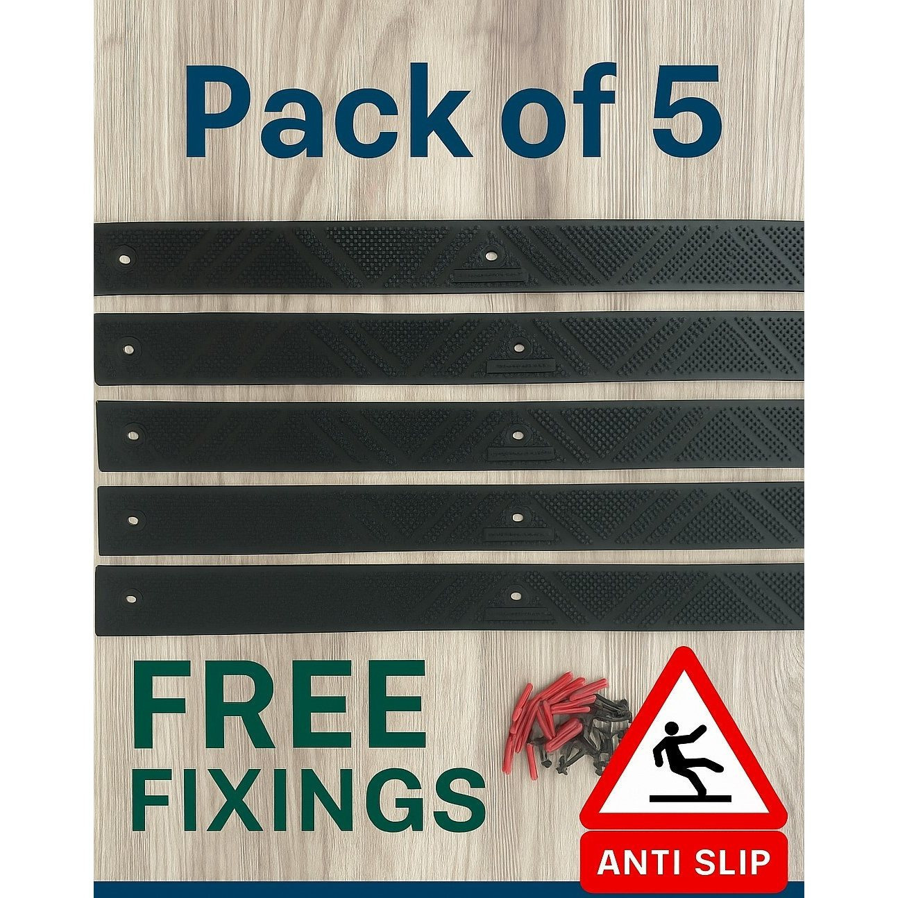 TEMU Pack 5 Black Hard Wearing Polypropylene Anti Slip Strips With Fixings