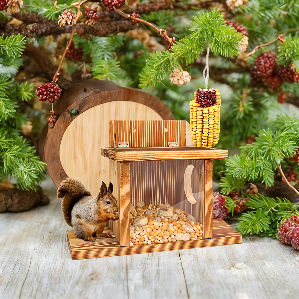 TEMU Wooden Garden Squirrel Feeder – Rooftop Squirrel House & Bird Feeder, Large Capacity Outdoor Feeding Station, Accessories For Birds And