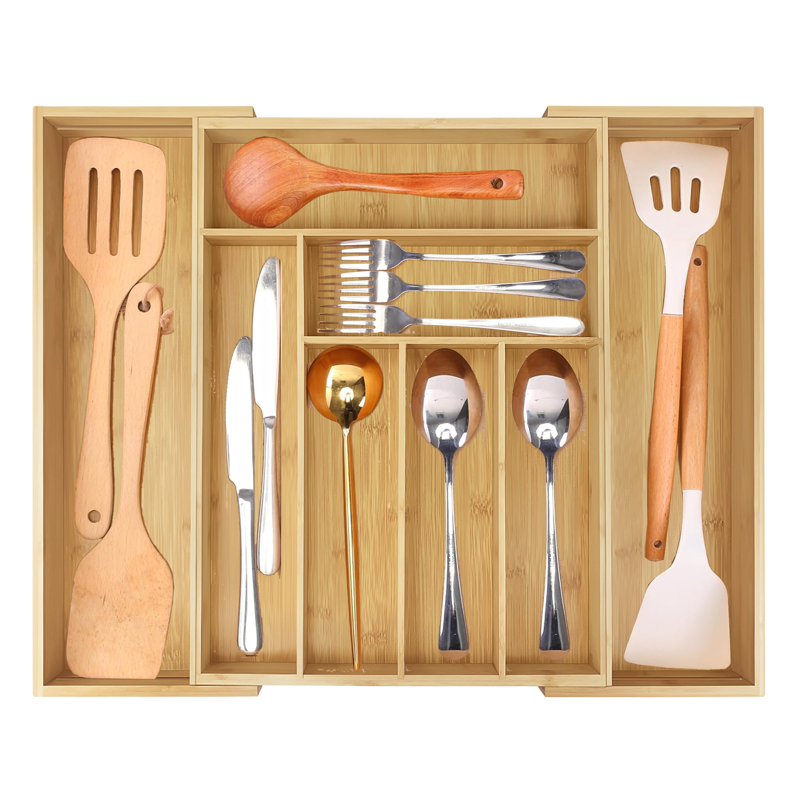 TEMU Bamboo Expandable Cutlery Tray, 6-8 Compartment Large Large Utensil Holder Kitchen Utensil Spoons Forks Knives Holder Drawer Storage Box