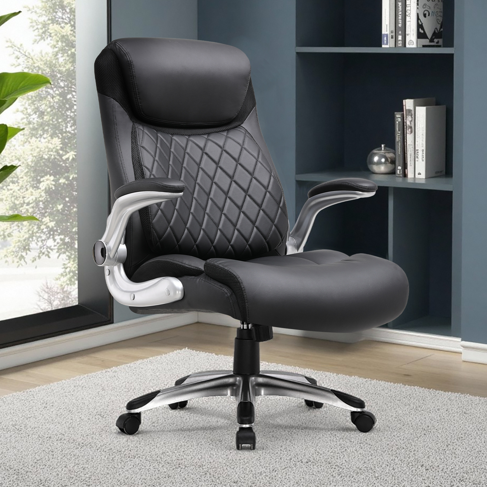 Ergonomic Office Chair, Desk Chair With Folding Armrests And High Backrest, Rocking Function, Adjustable Height Executive Chair, Scratch-resistant Leather