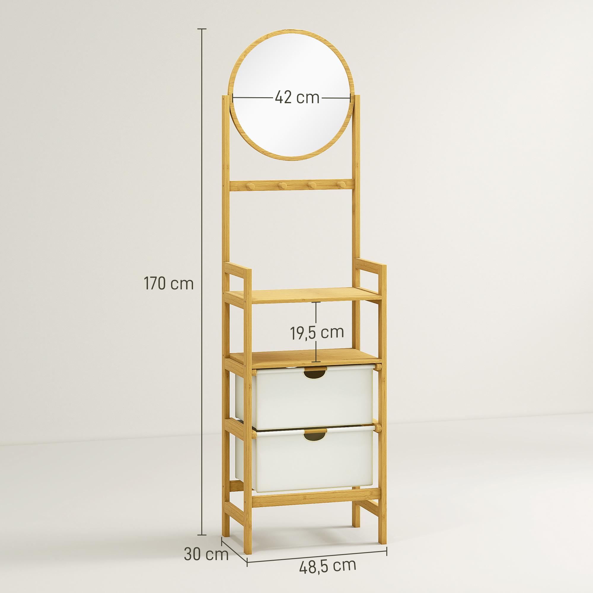 Homcom Bamboo Bathroom Shelf With Mirror, Storage Shelf With 4 Hooks, 2 Open Shelves, And 2 Fabric Drawers For Kitchen, Bathroom, Living Room, 48.5x30x170 Cm, Natural