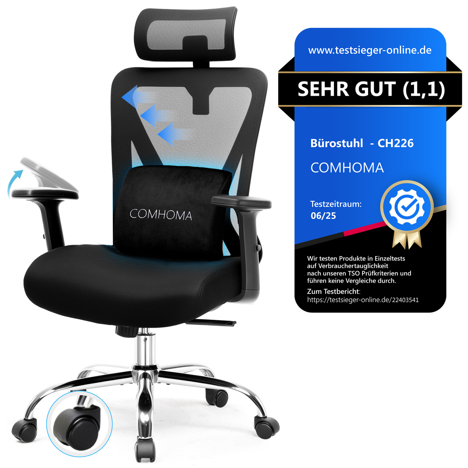 E-shop Bürostuhl Ergonomisch，Schreibtischstuhl mit 3D-Kopfstütze & 3D-Lendenwirbelstütze, verstellbare Armlehnen, Office Chair mit Wipp- und