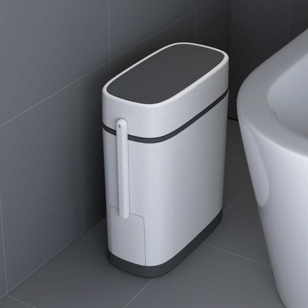 TEMU 1pc Press-top Narrow Bathroom Bin Set, Includes 14l Trash Can With Toilet Brush Holder, For Small Spaces, Space-saving Design (31.5x15x37cm)