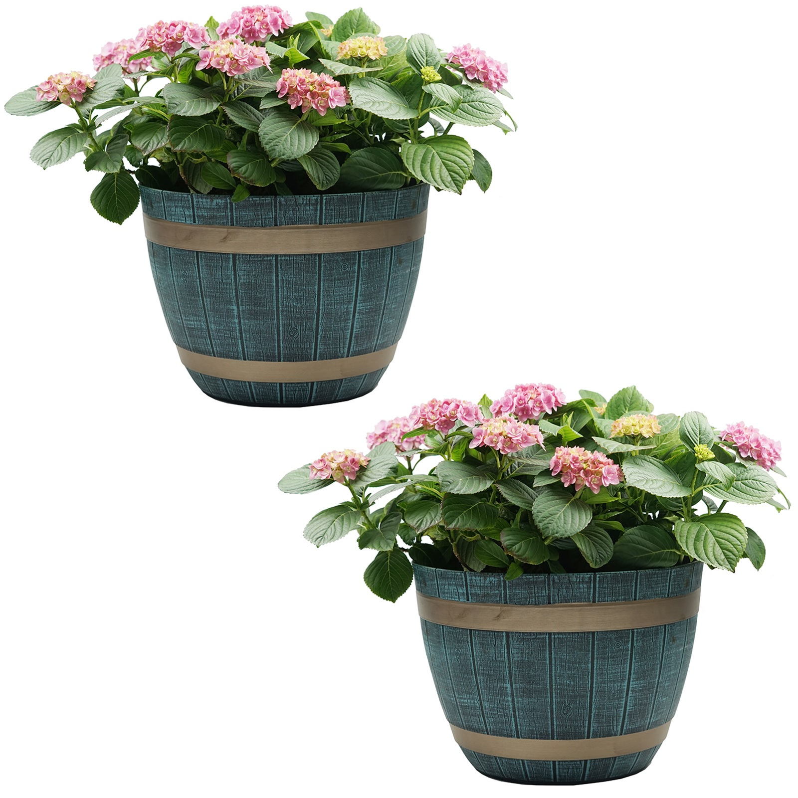 Gr8 Garden 2x Large Blue Rustic Style Plastic Half Barrel Cask Planter Flower Plant Pot Set, Blue