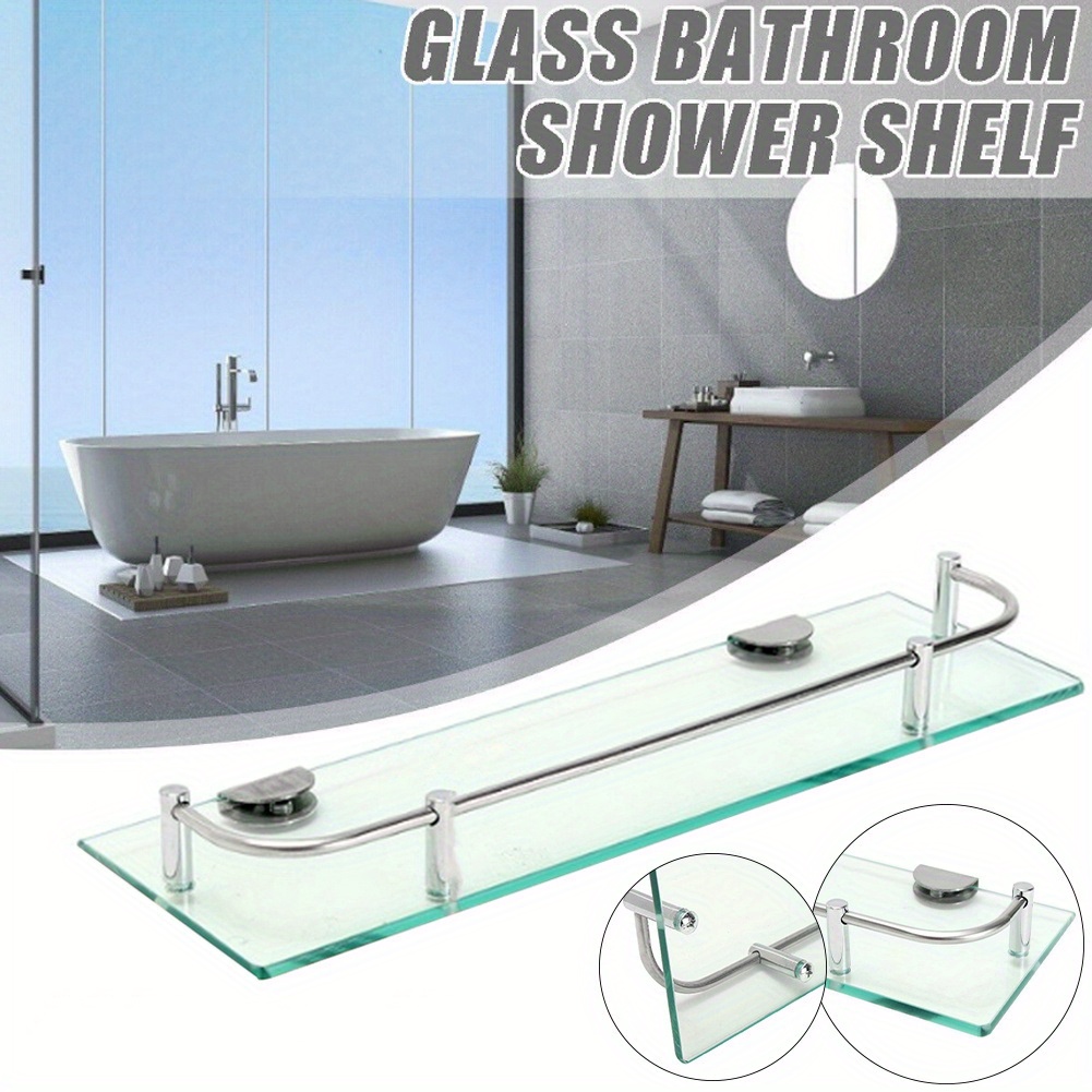 TEMU 40cm Bathroom Shelf - Heavy Duty Tempered Glass With Stainless Steel Brackets, Wall Mounted Shower Organizer For Toiletries 40×11×4.5cm