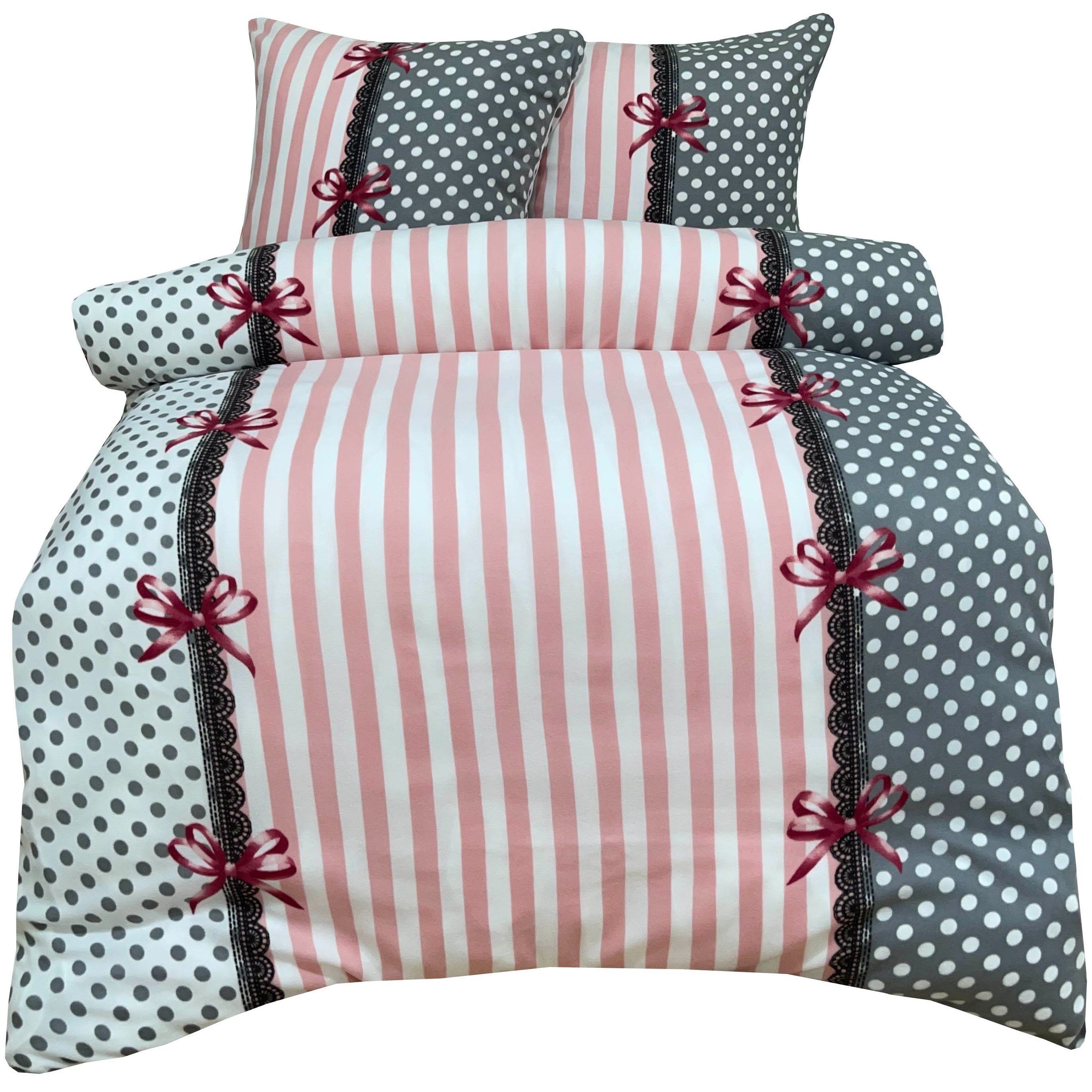 Image of Fleece Winter Bedding With Stripes, Dots, And Loops In Pink, Grey, And White, In Many Sizes, Soft, Cozy, Zip-up, Warm, And With A Pillowcase 80x80 Cm.