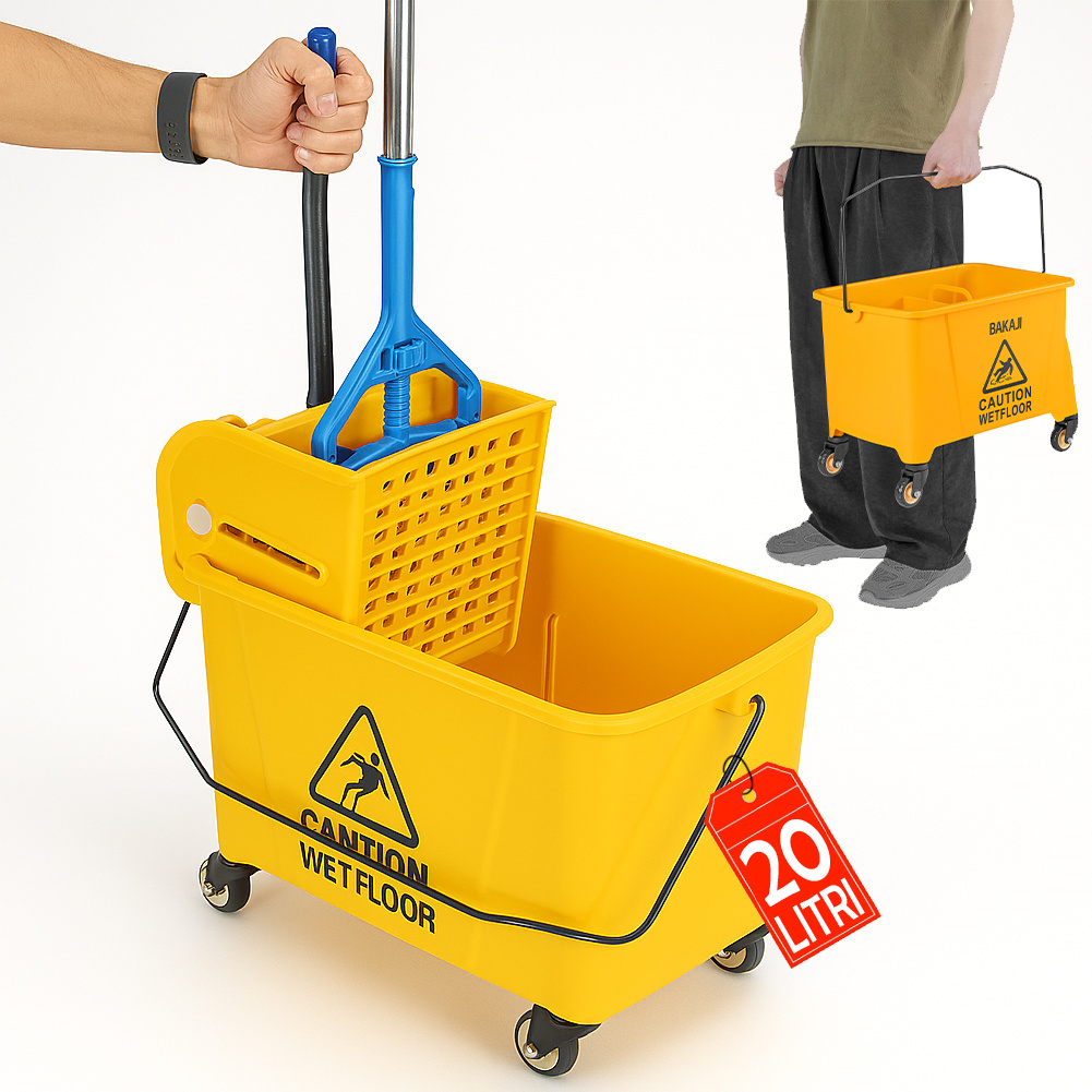 Image of Bakaji Professional Cleaning Cart With Floor Mop Bucket, Cleaning Cart With Wringer And Panel, Handle, And 4 Swivel Plastic Wheels