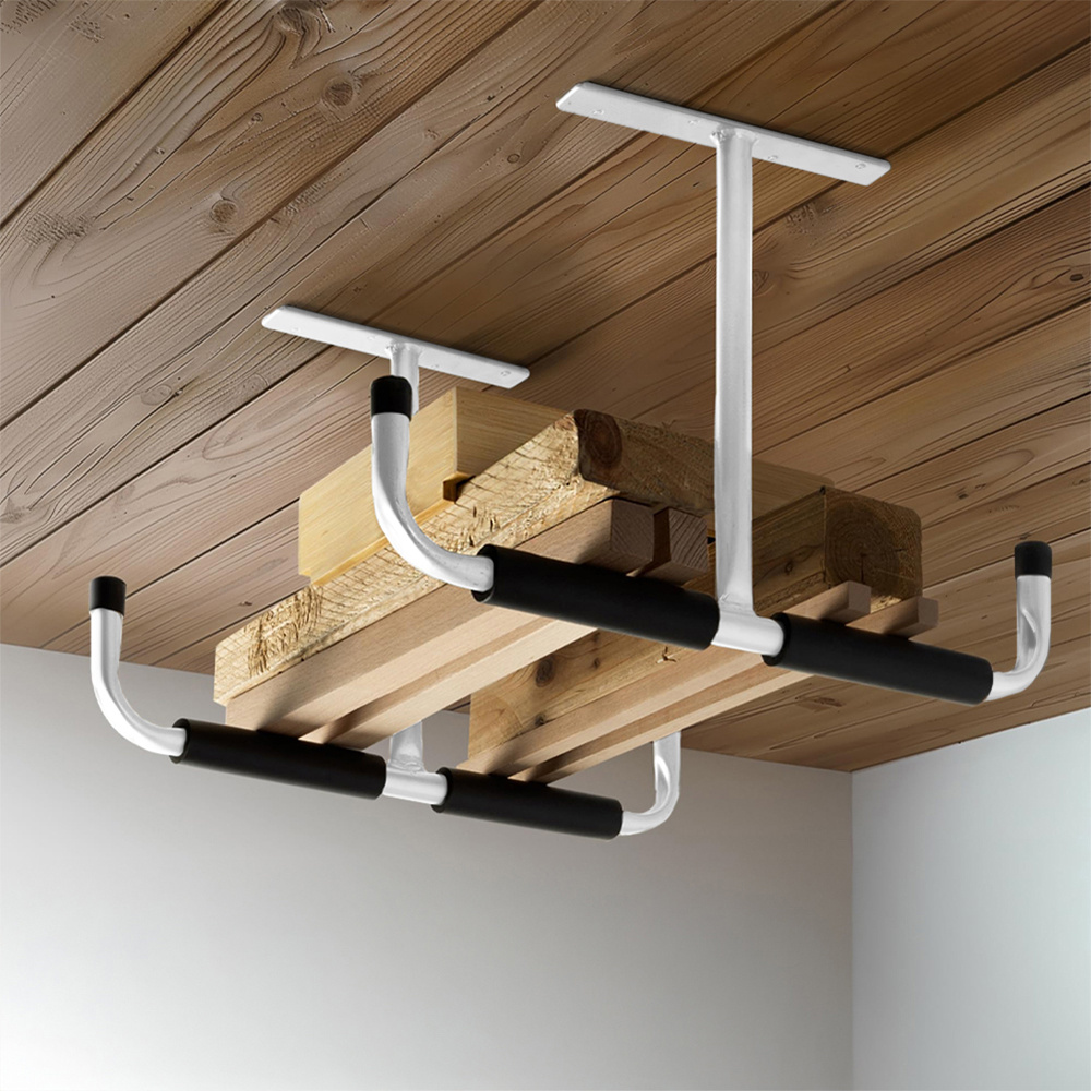 Image of 4pcs White Heavy-duty T-shaped Sets, Wall/ Ceiling Installation Storage Hanger Brackets, Garage Storage Hooks. Material: Iron (q195 Medium Carbon Steel) Hollow Tube + Epoxy Resin Powder Coating
