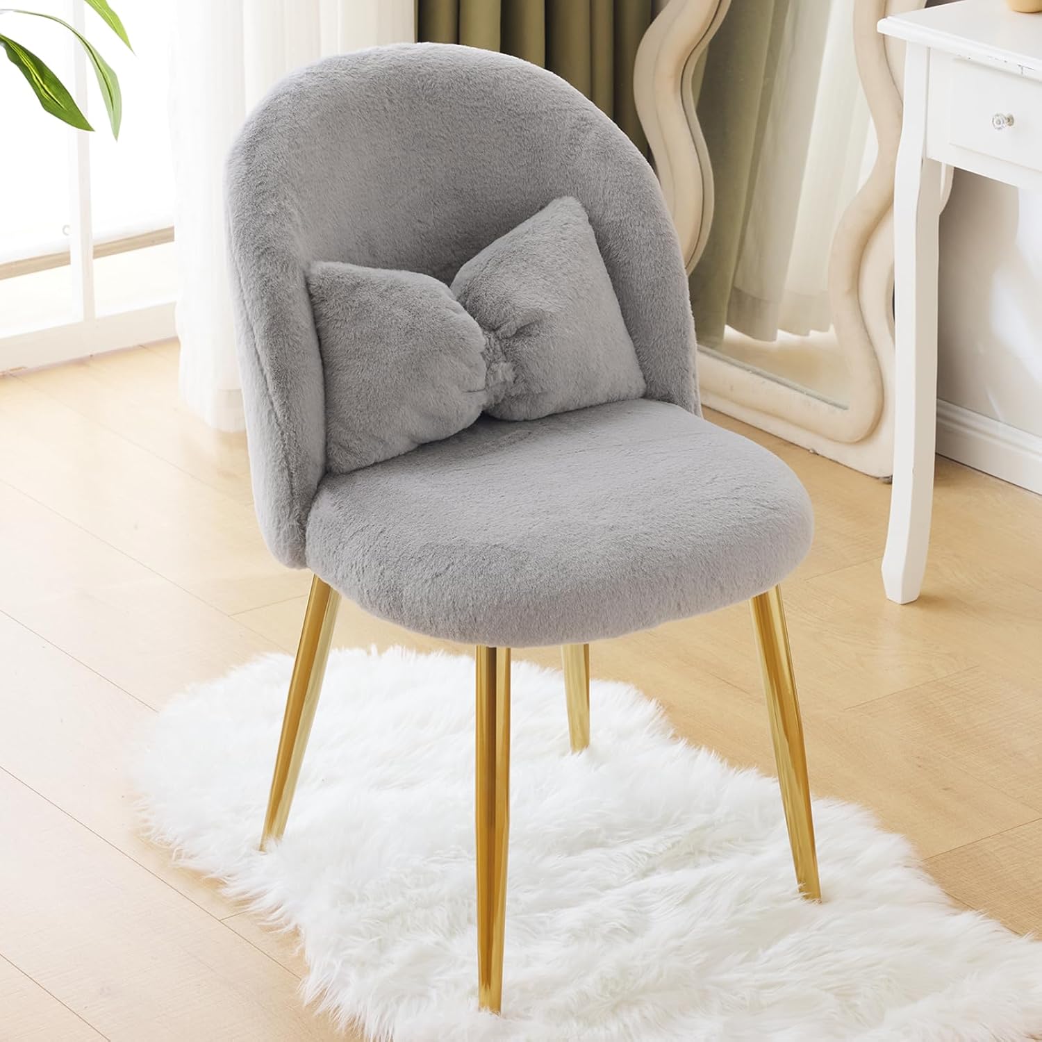 Image of Bonnlo Makeup Vanity Chair, Makeup Stool, Modern Dining Chair With Adjustable Gold Legs & Loop Cushion For Bedroom, Home Office