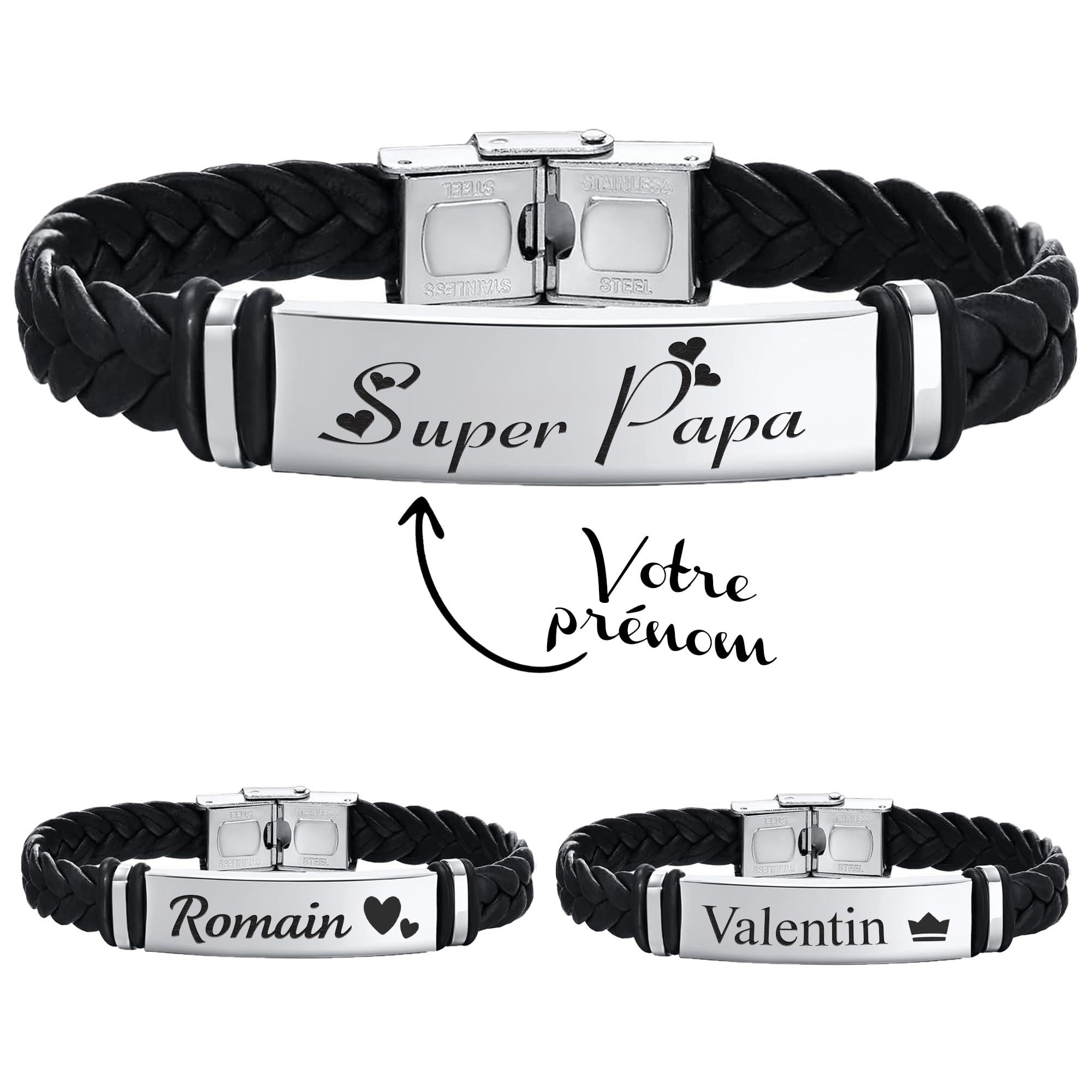 Personalized Men's Bracelet - Black Braided Leather Bracelet - Customizable With Engraved Name Or Text - Valentine's Day, Father's Day Gift For Men