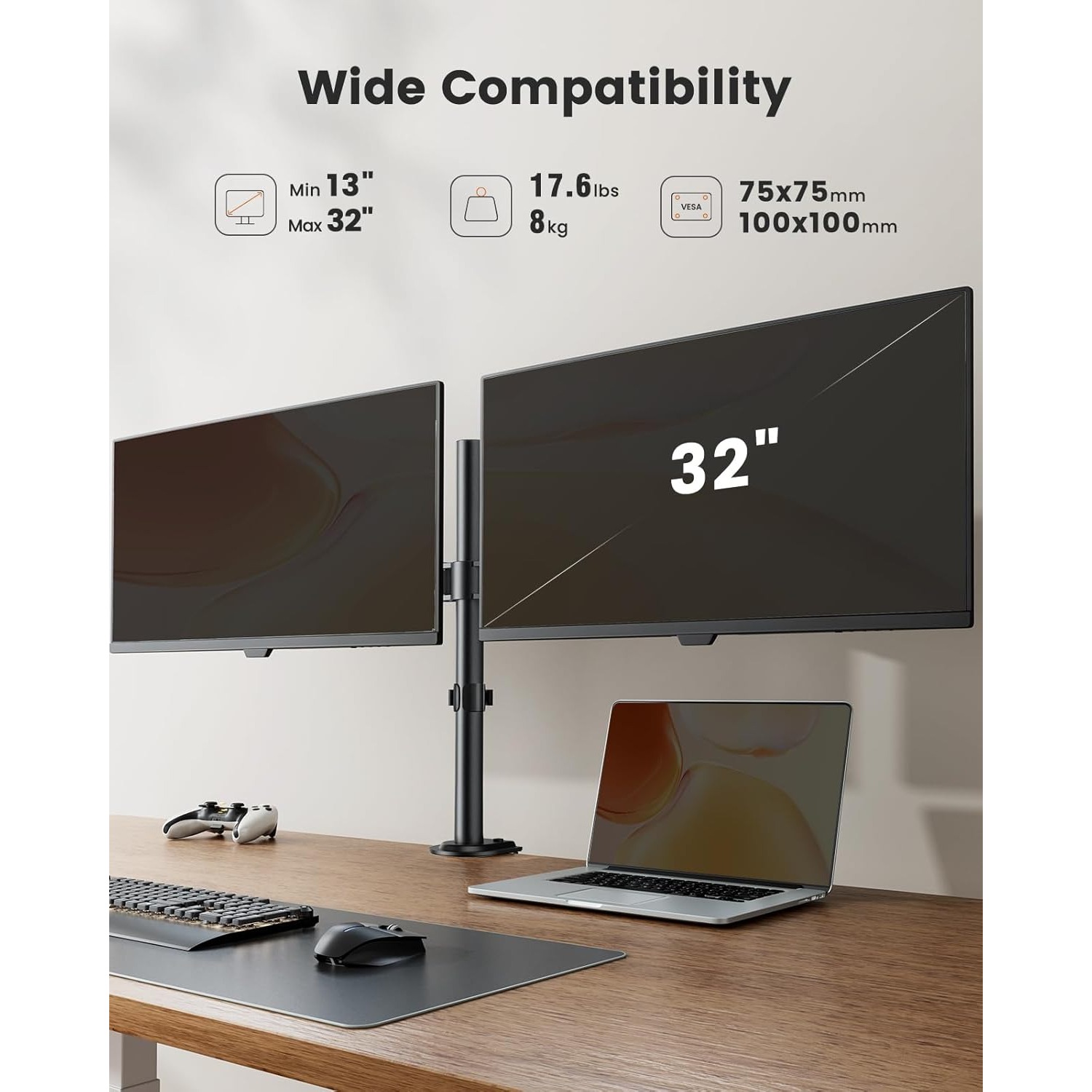 Image of Monitor Stands For 2 Monitors With 13-32 Inch Screen Diagonal, 17.6 Per Arm, 2 Monitor Holders, Height-adjustable, Tilt-adjustable, Swivel-adjustable, Rotatable, Vesa 75/100