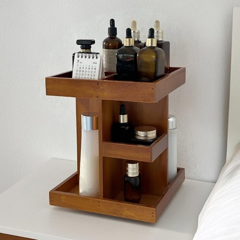 TEMU Wood Makeup Storage Box - 360-degree Rotating Display Stand For Lipsticks, Skincare & Jewelry, Organizer 22.5 * 22.5 * 27.5cm