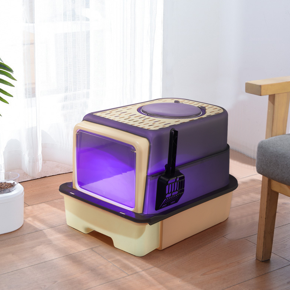 Yellow Cat Litter Box - Large Enclosed Toilet for Cats Includes Scoop & Easy-Slide Drawer and Light, Odor Control 50x35x35cm