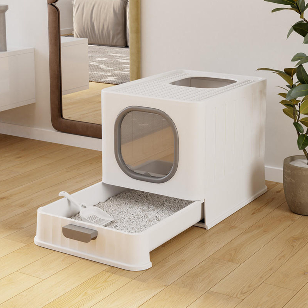 TEMU Cat Litter Tray Large Cat With Scoop Fully Enclosed Anti-splashing Plastic Cat Litter Box Drawer Kitty Litter Boxes, 51*38*39cm