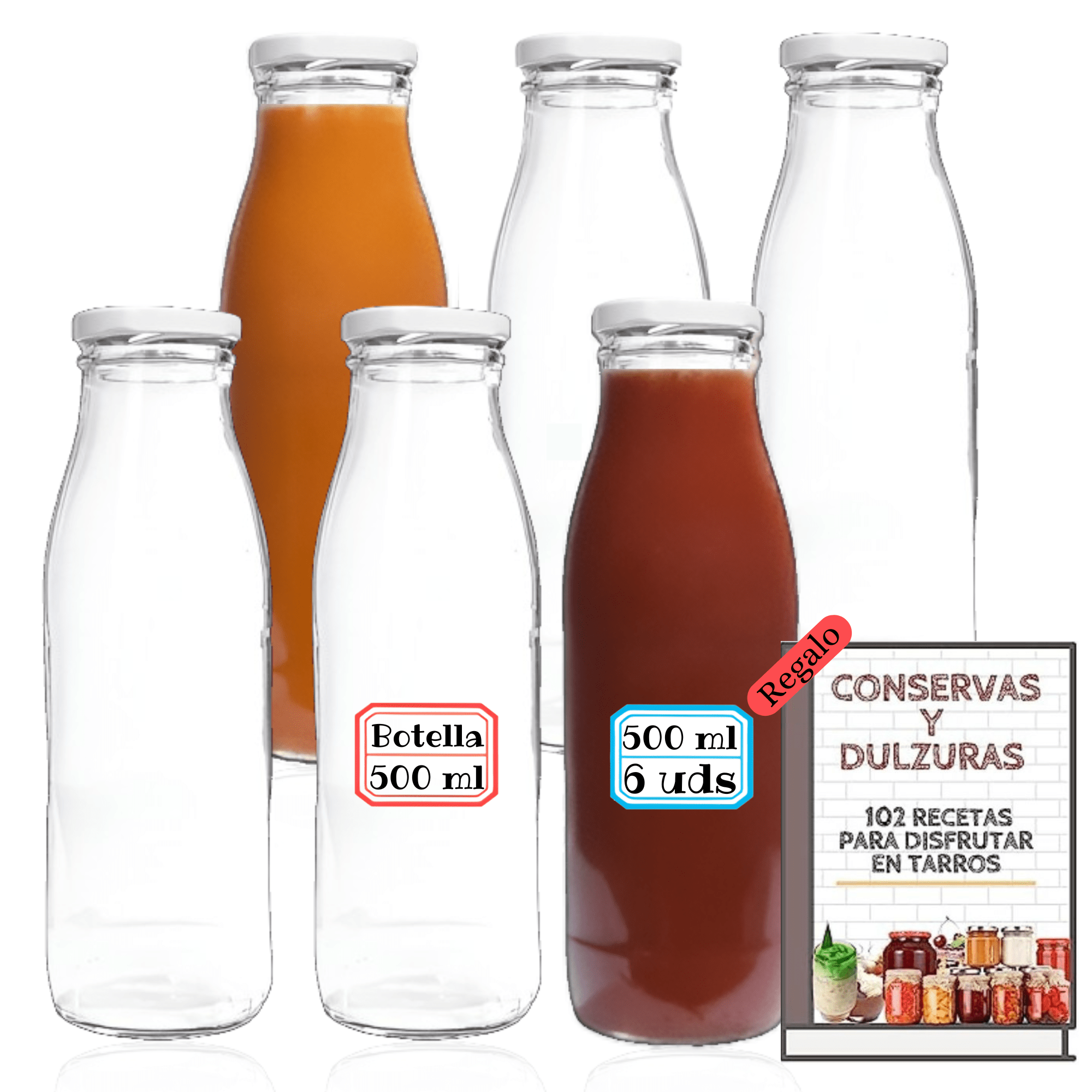 TEMU de Cristal de 500 ml con de a Cuadros + Ebook de 102 Recetas - Botellas para Leche, Zumo, Batidos, Bebidas - Etiquetas