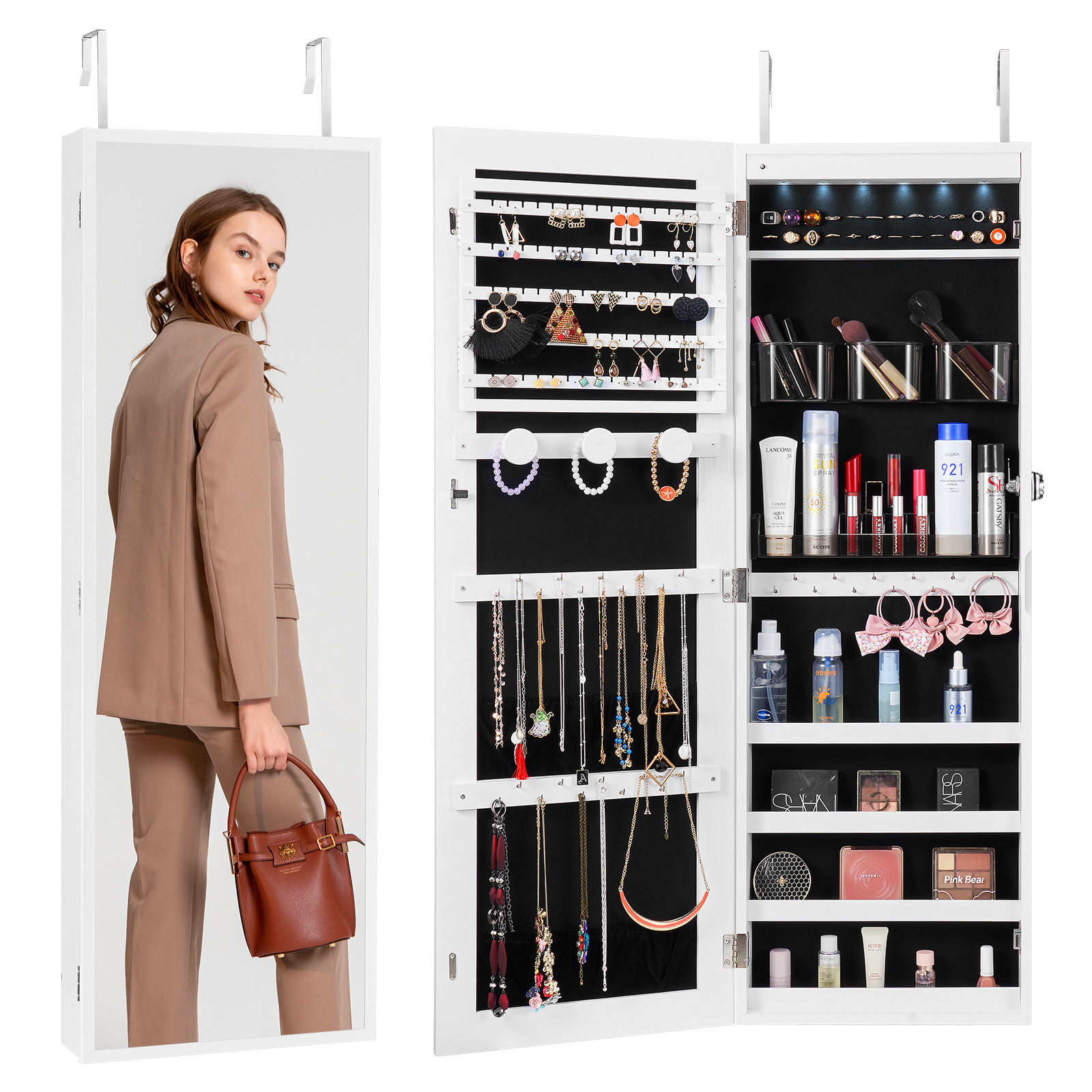 Vevor Mirror Jewelry Cabinet 42.52in Lockable Wall Or Door Mounted Armoire White