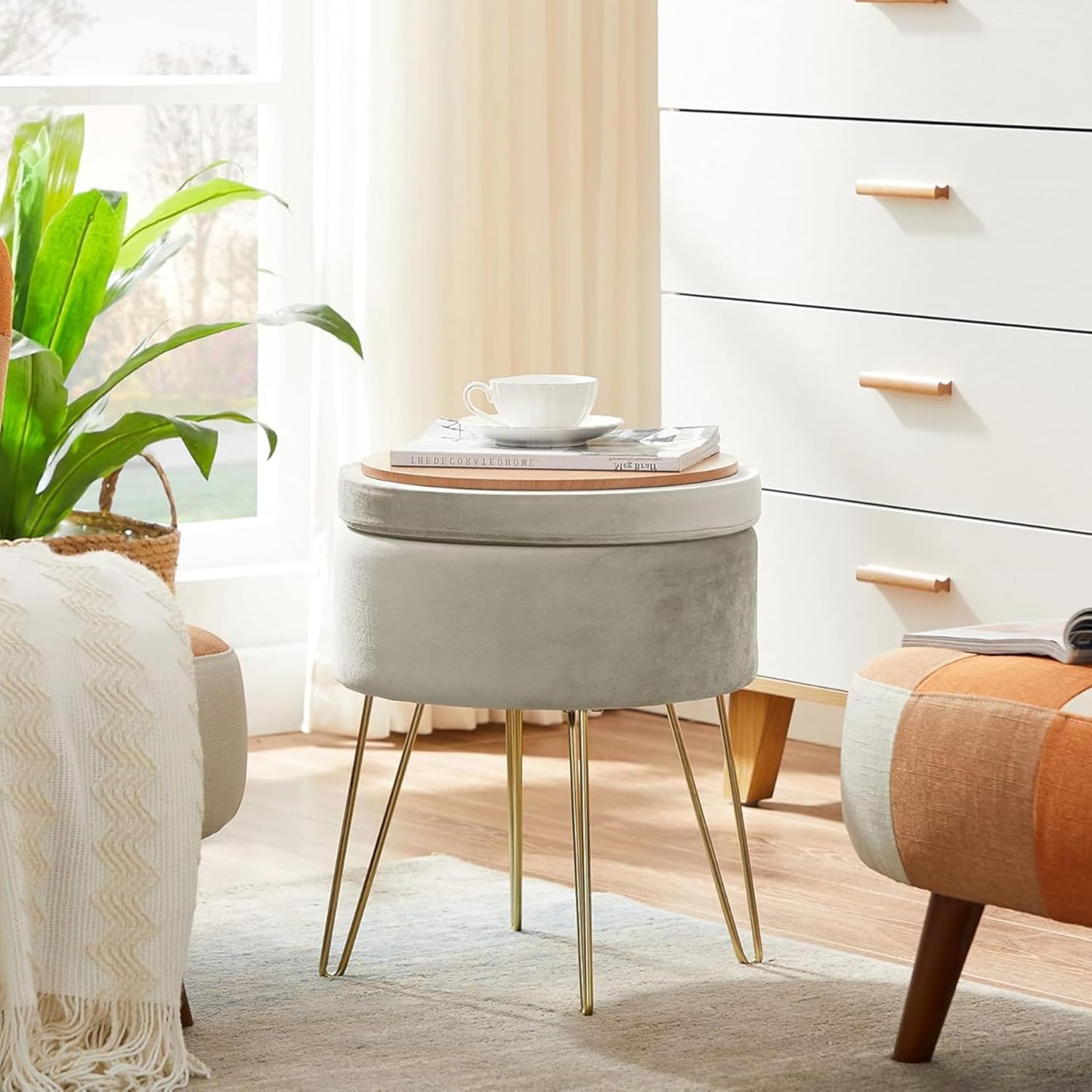 Round Stool Vanity Table Stool Ottoman Padded Stool With Removable Metal Support