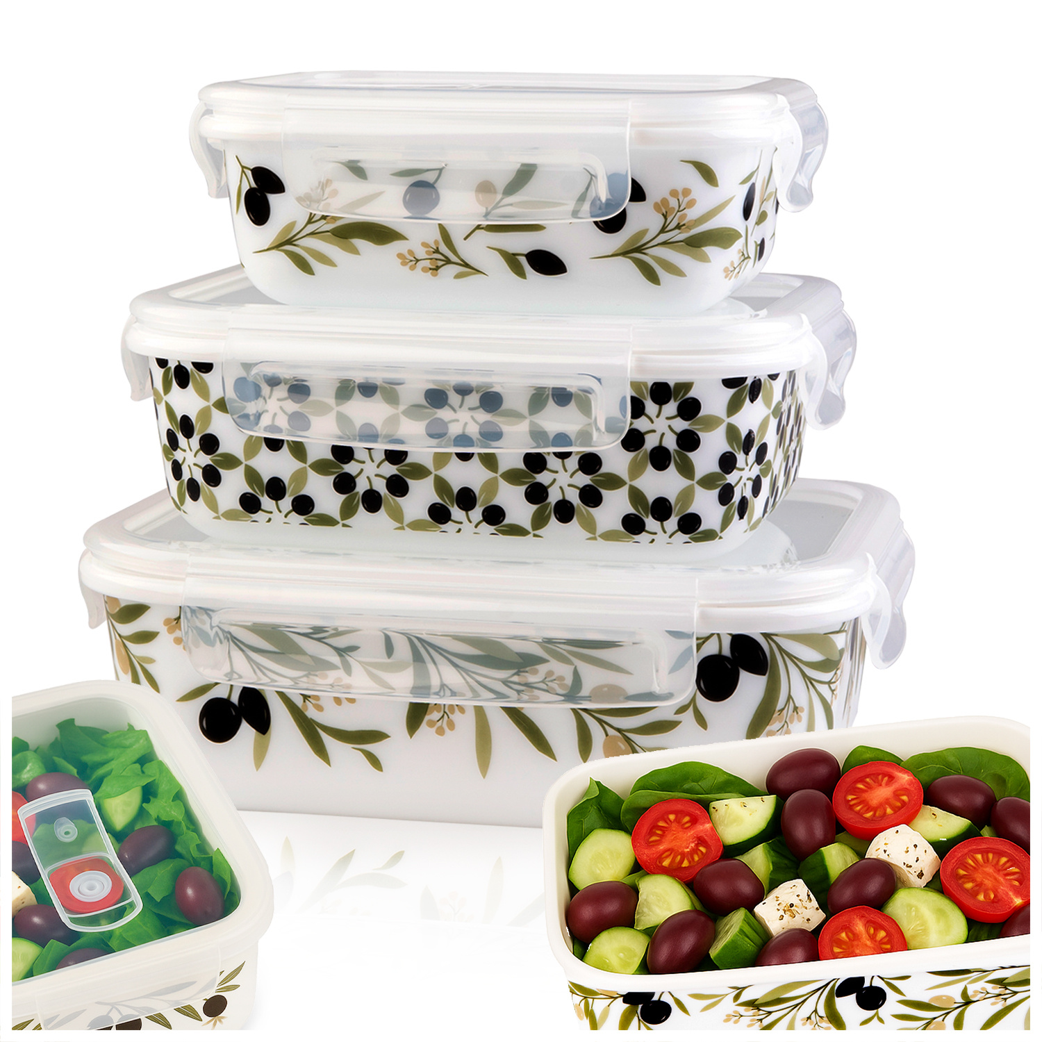 3x Glass Food Storage Containers For Desserts, Meats, And Lunches - Olive Design